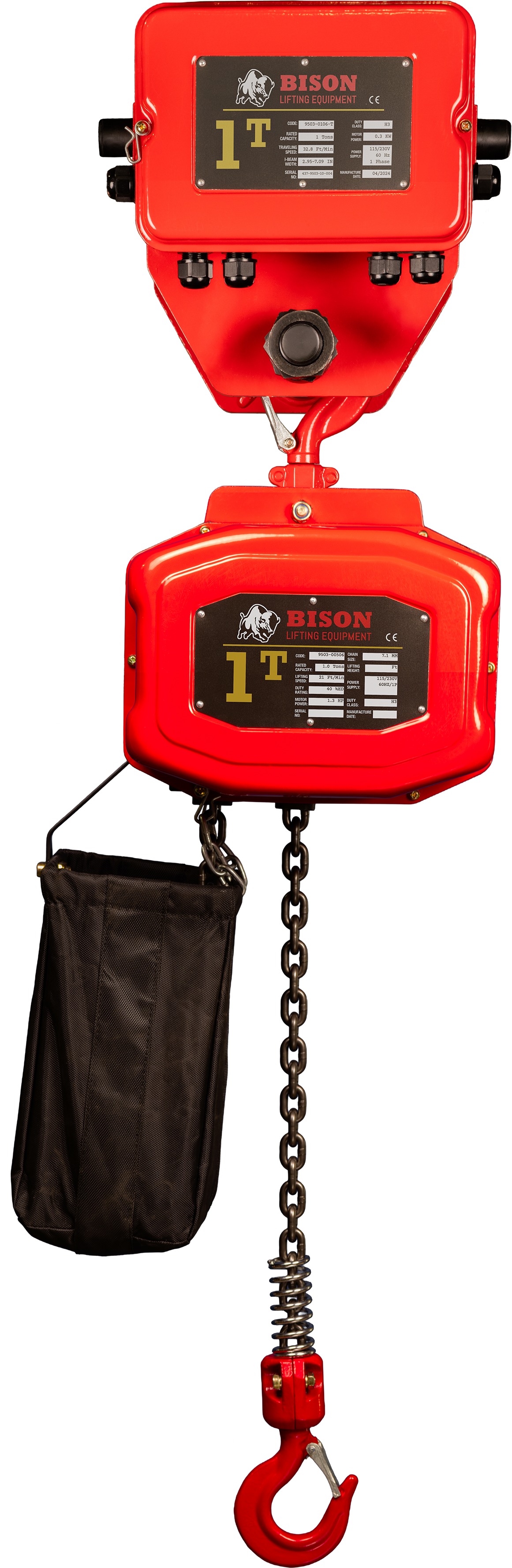 Bison 1Ton Single Phase Electric Chain Hoist with Motorized Trolley 115v/230v