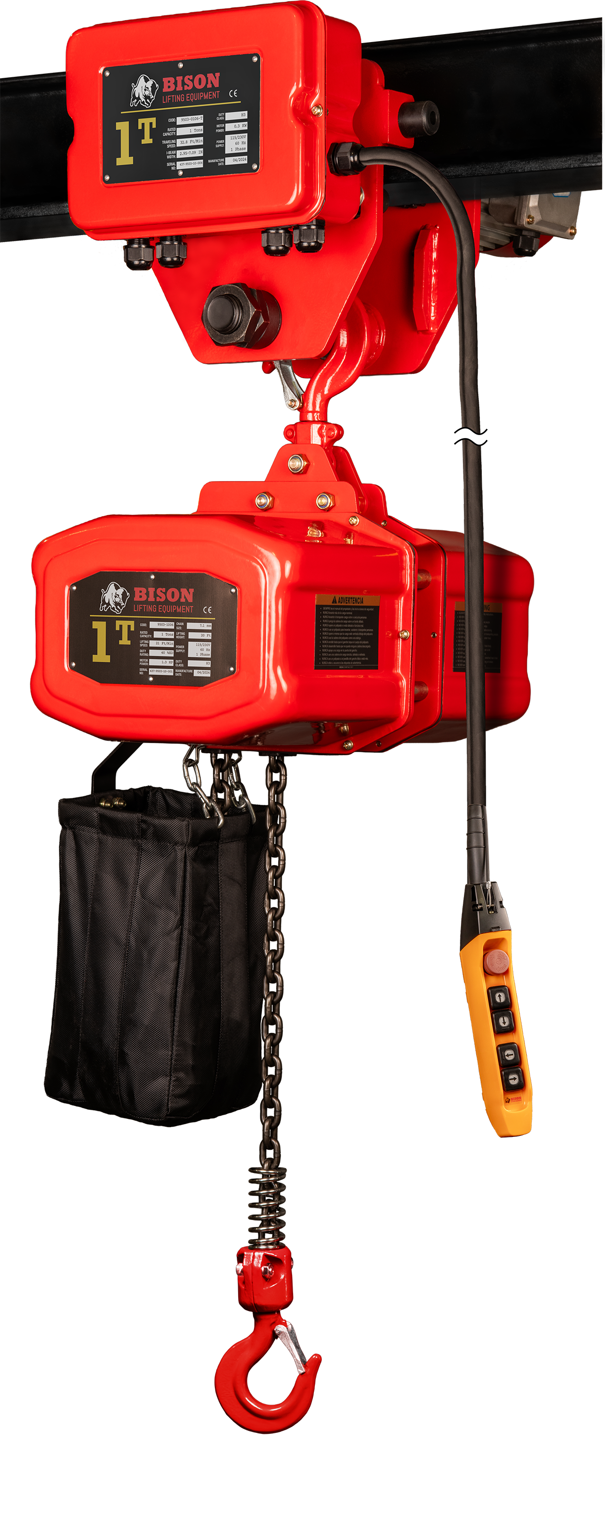 Bison 1Ton Single Phase Electric Chain Hoist with Motorized Trolley 115v/230v