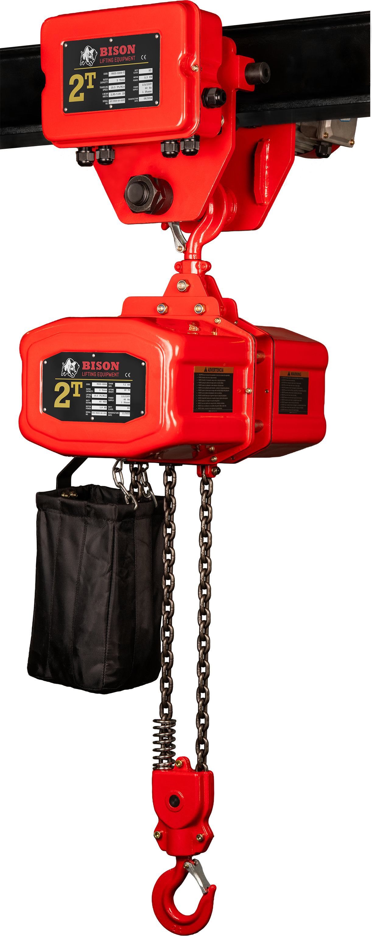 Bison 2Ton Single Phase Electric Chain Hoist with Motorized Trolley 115v/230v