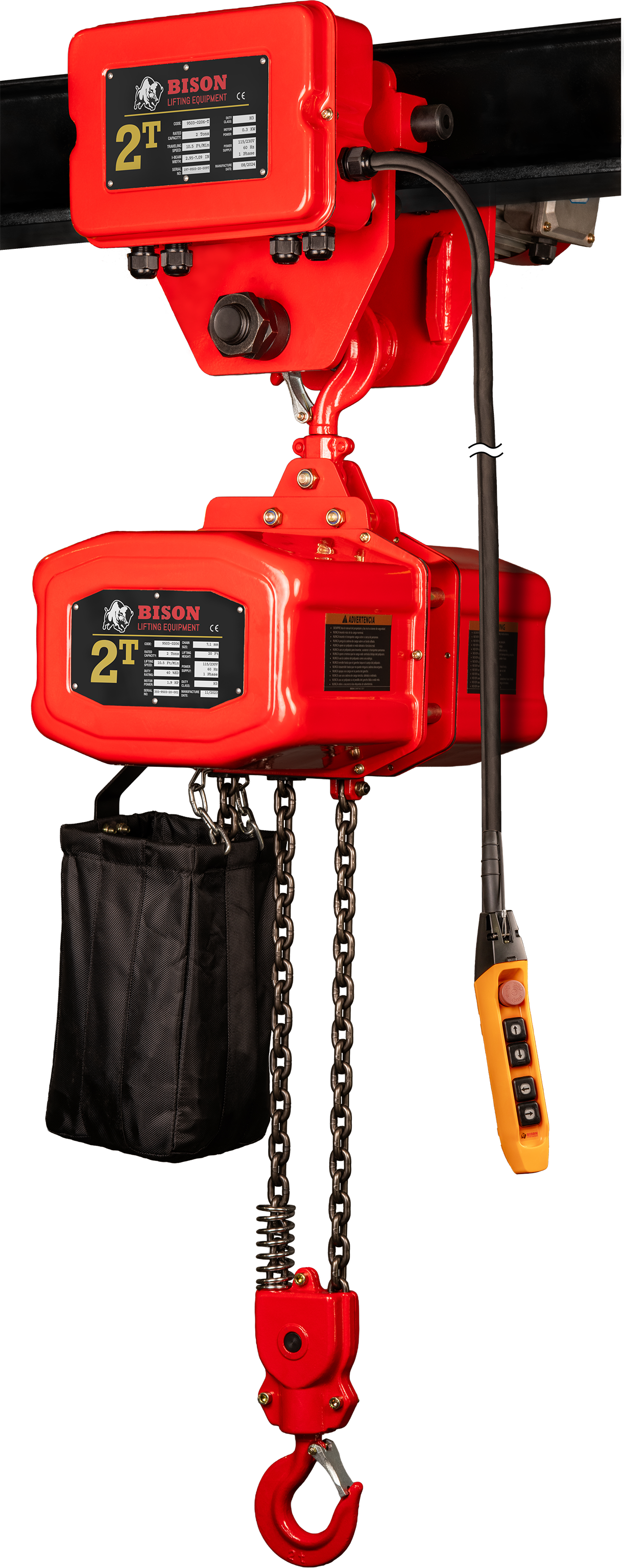 Bison 2Ton Single Phase Electric Chain Hoist with Motorized Trolley 115v/230v