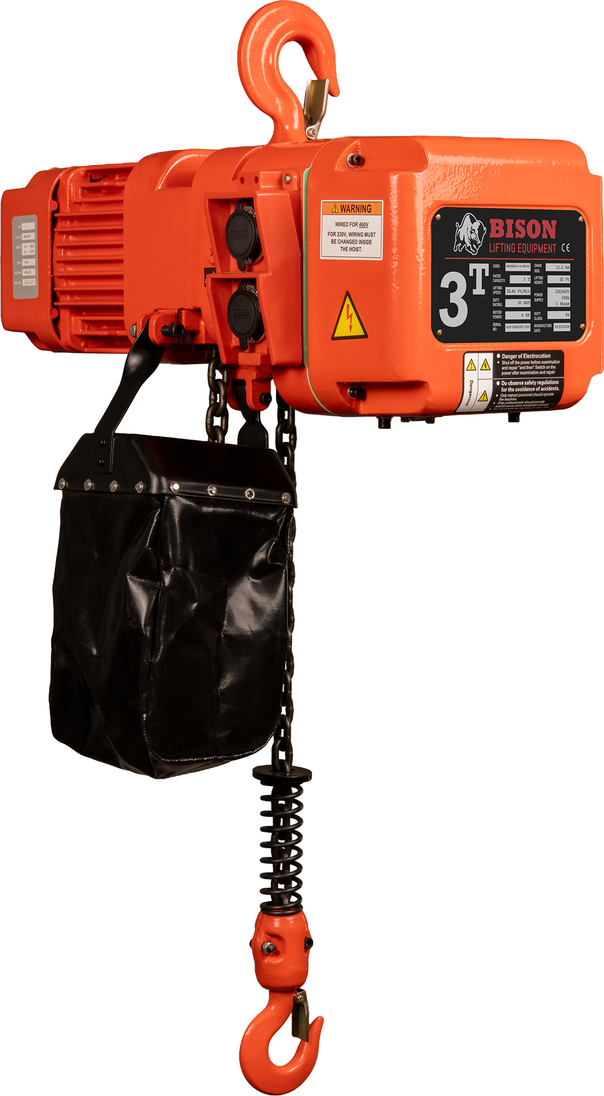 Bison 3Ton Three Phase Single Speed Electric Chain Hoist 230v/460v