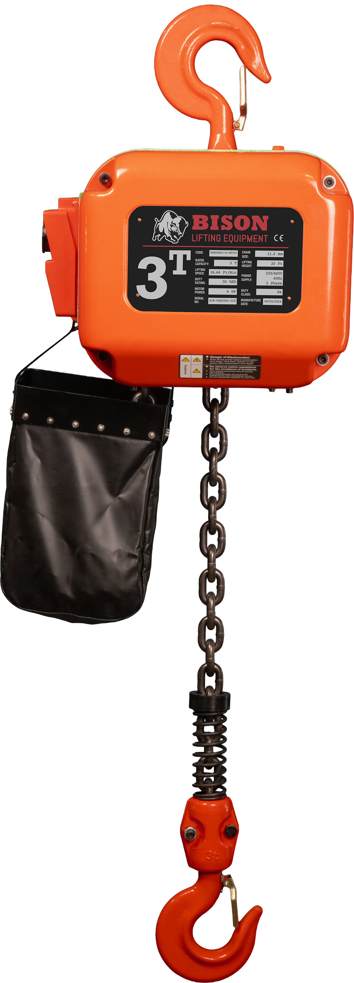 Bison 3Ton Three Phase Single Speed Electric Chain Hoist 230v/460v