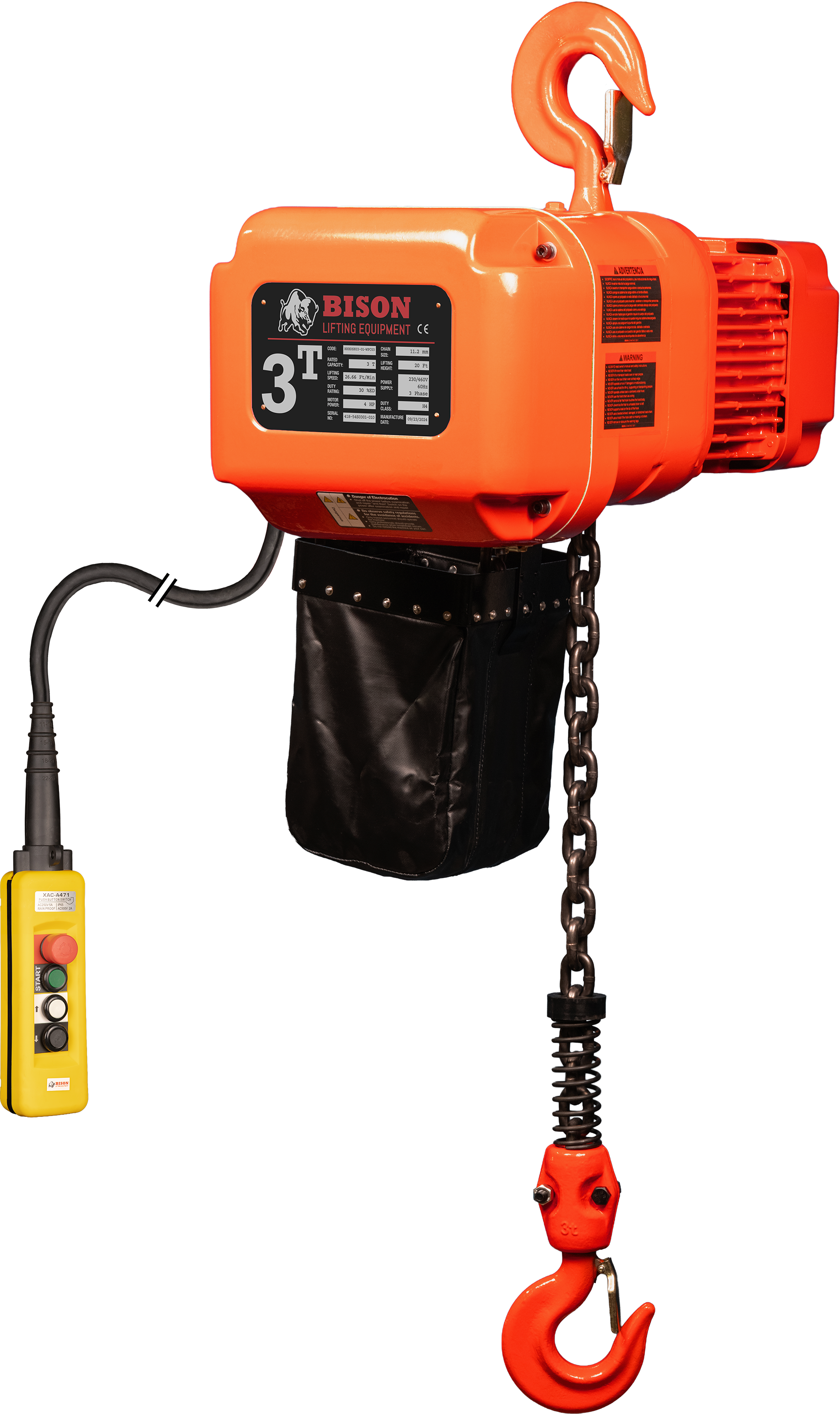 Bison 3Ton Three Phase Single Speed Electric Chain Hoist 230v/460v