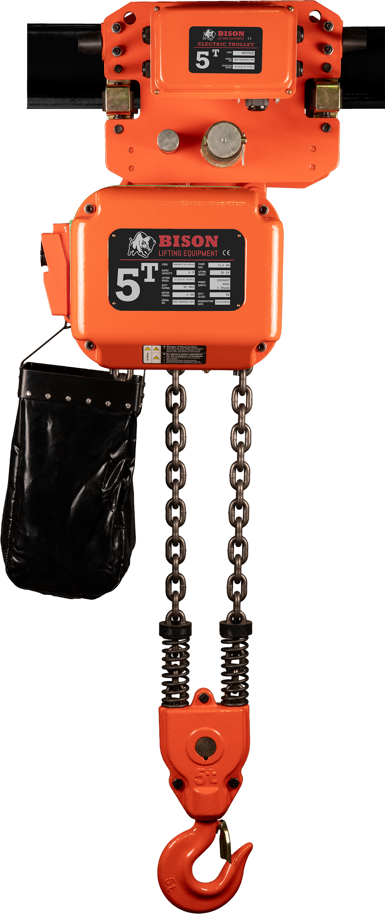 Bison 5Ton Three Phase Single Speed Electric Chain Hoist with Trolley 230v/460v