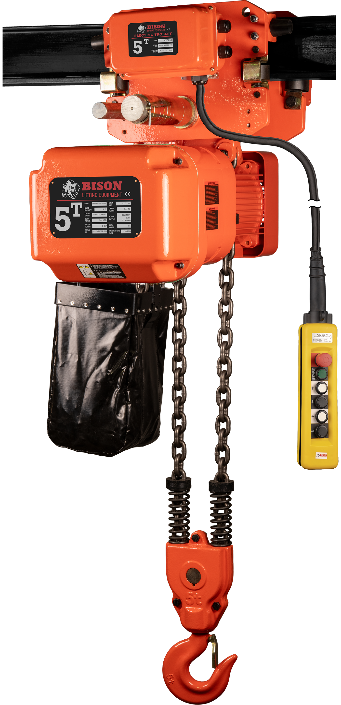 Bison 5Ton Three Phase Single Speed Electric Chain Hoist with Trolley 230v/460v