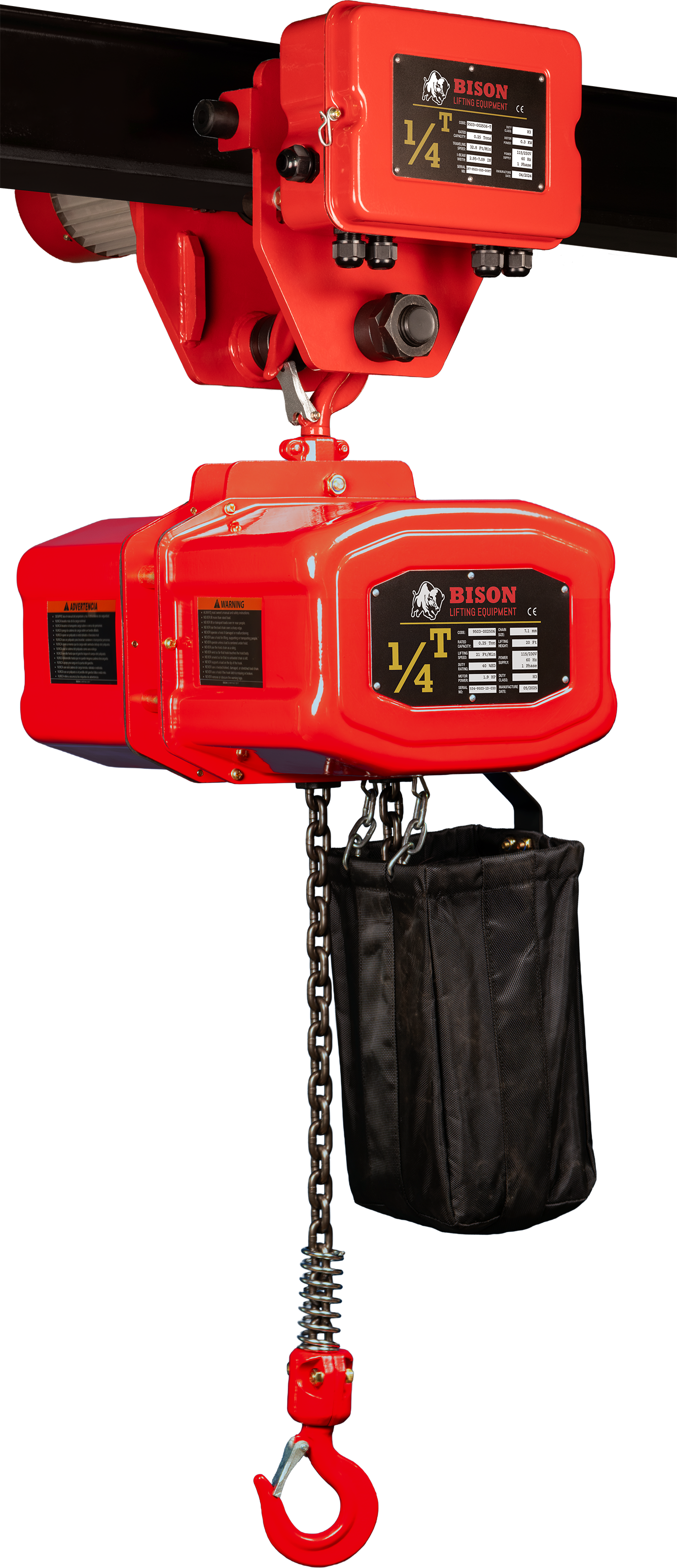 Bison 0.25Ton Single Phase Electric Chain Hoist with Motorized Trolley 115v/230v