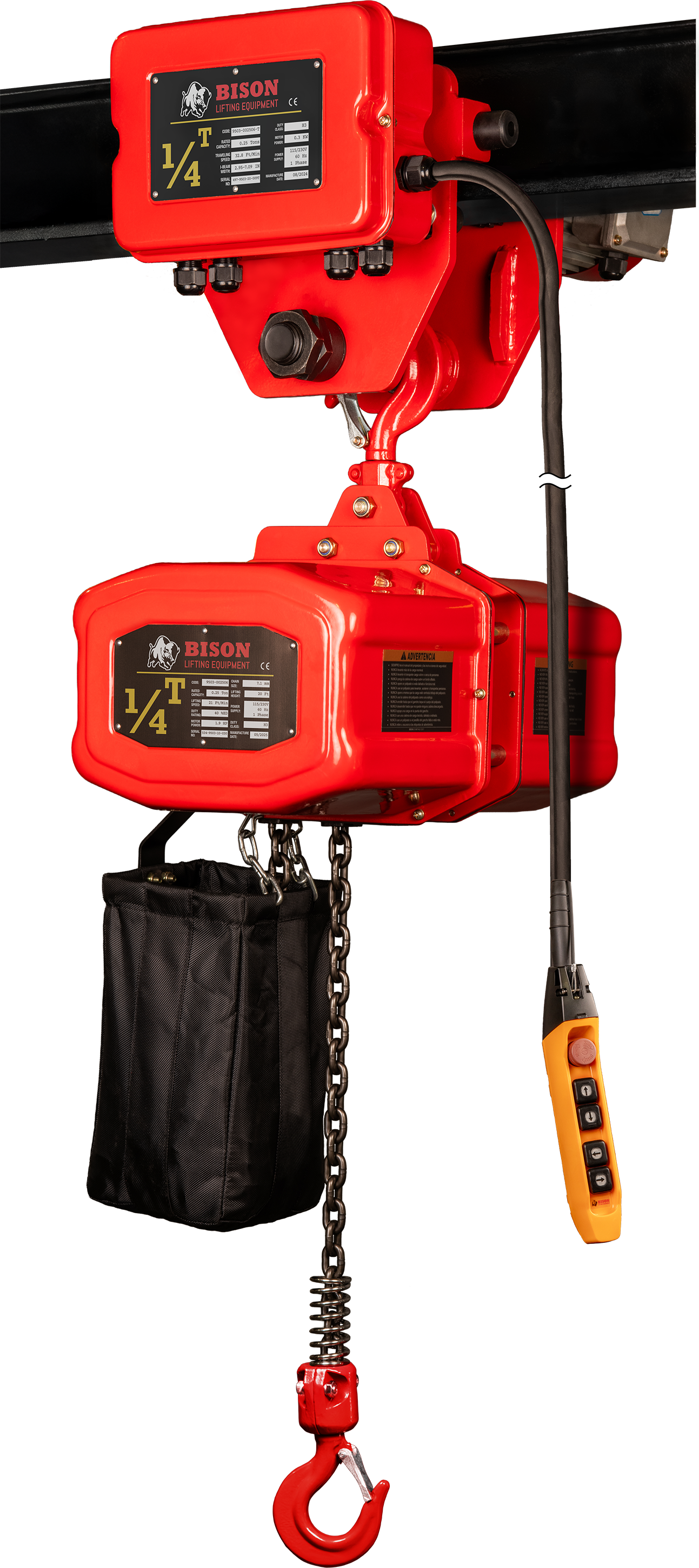 Bison 0.25Ton Single Phase Electric Chain Hoist with Motorized Trolley 115v/230v