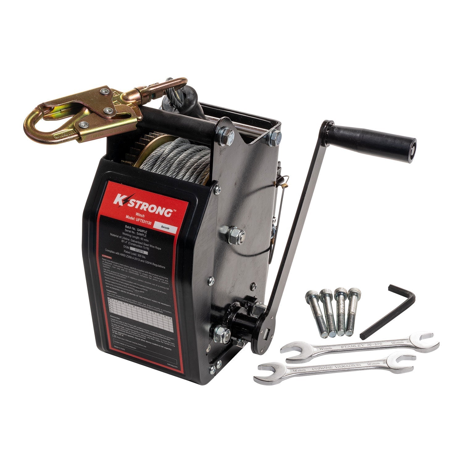 KStrong® 100 ft. Galvanized Wire Cable Personnel / Material Rated Bi-directional Winch with Brake Feature and Mounting Bracket for Confined Spaces (ANSI)