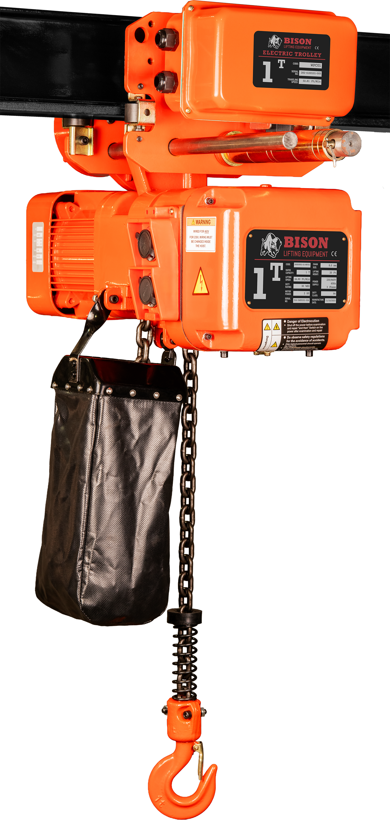 Bison 1Ton Three Phase Single Speed Electric Chain Hoist with Trolley 230v/460v
