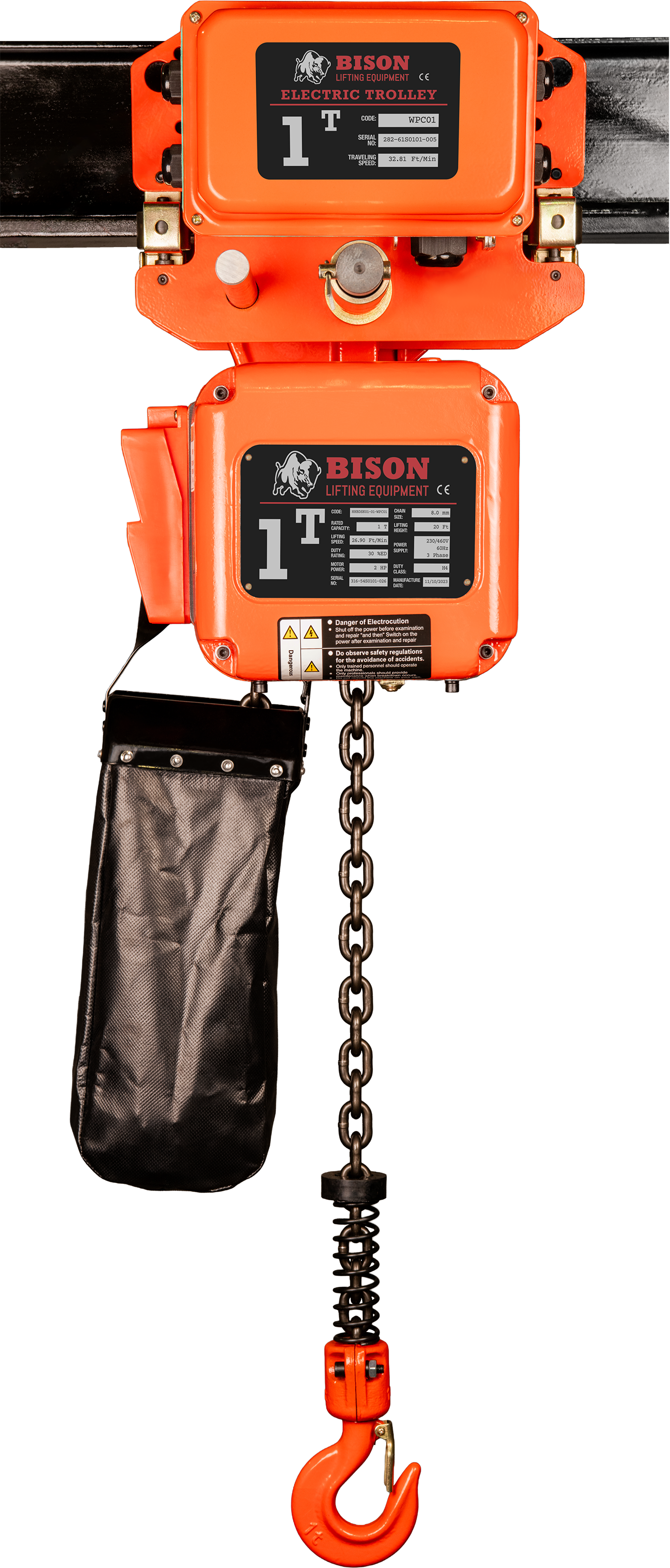 Bison 1Ton Three Phase Single Speed Electric Chain Hoist with Trolley 230v/460v