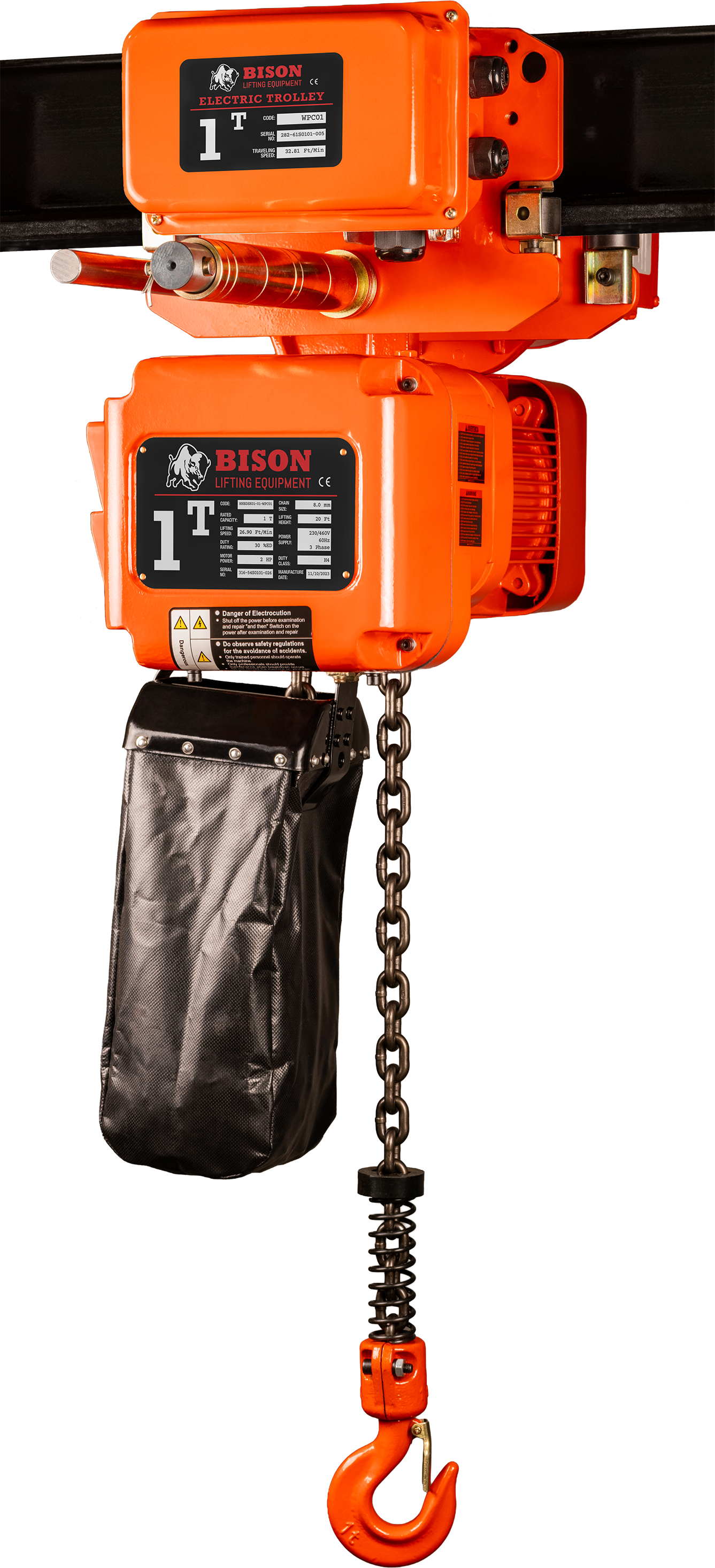 Bison 1Ton Three Phase Single Speed Electric Chain Hoist with Trolley 230v/460v