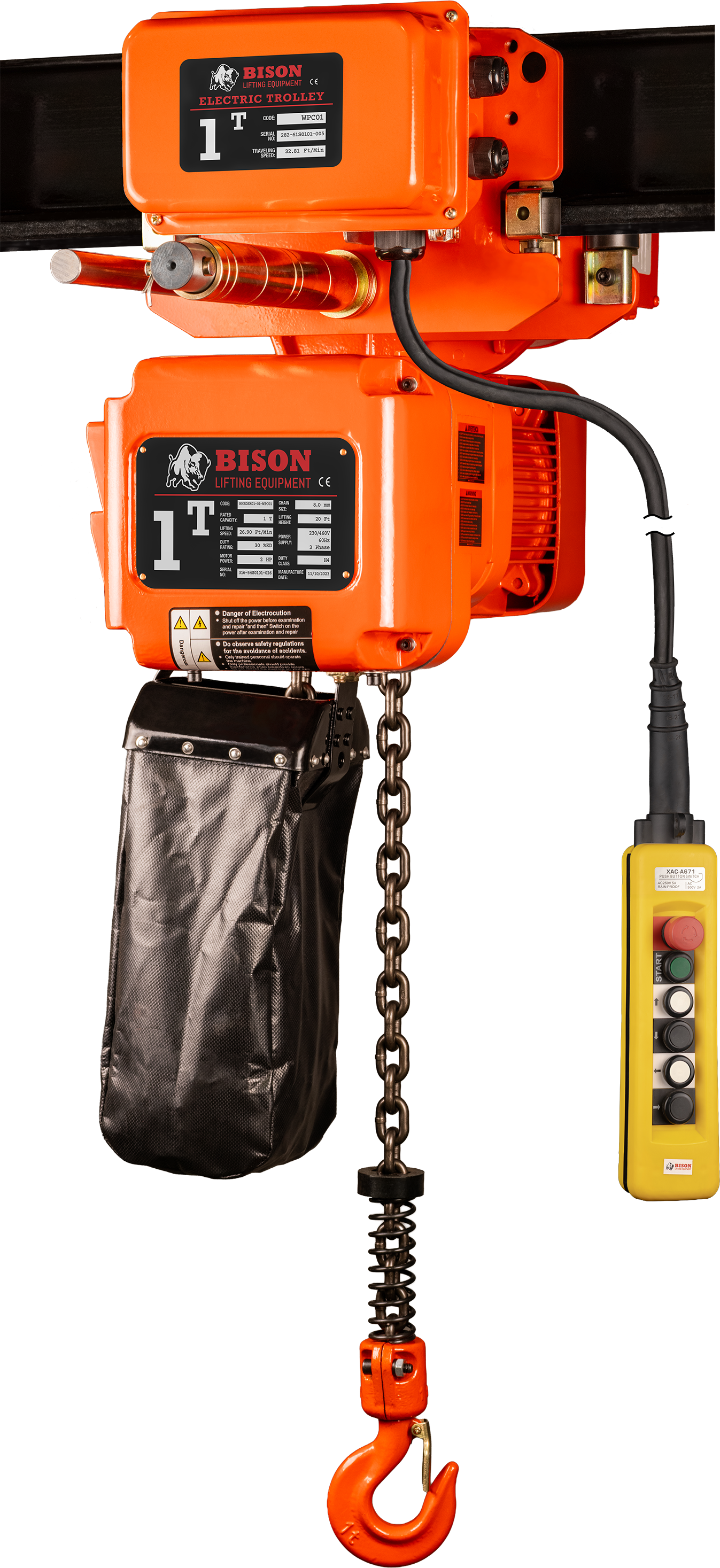 Bison 1Ton Three Phase Single Speed Electric Chain Hoist with Trolley 230v/460v