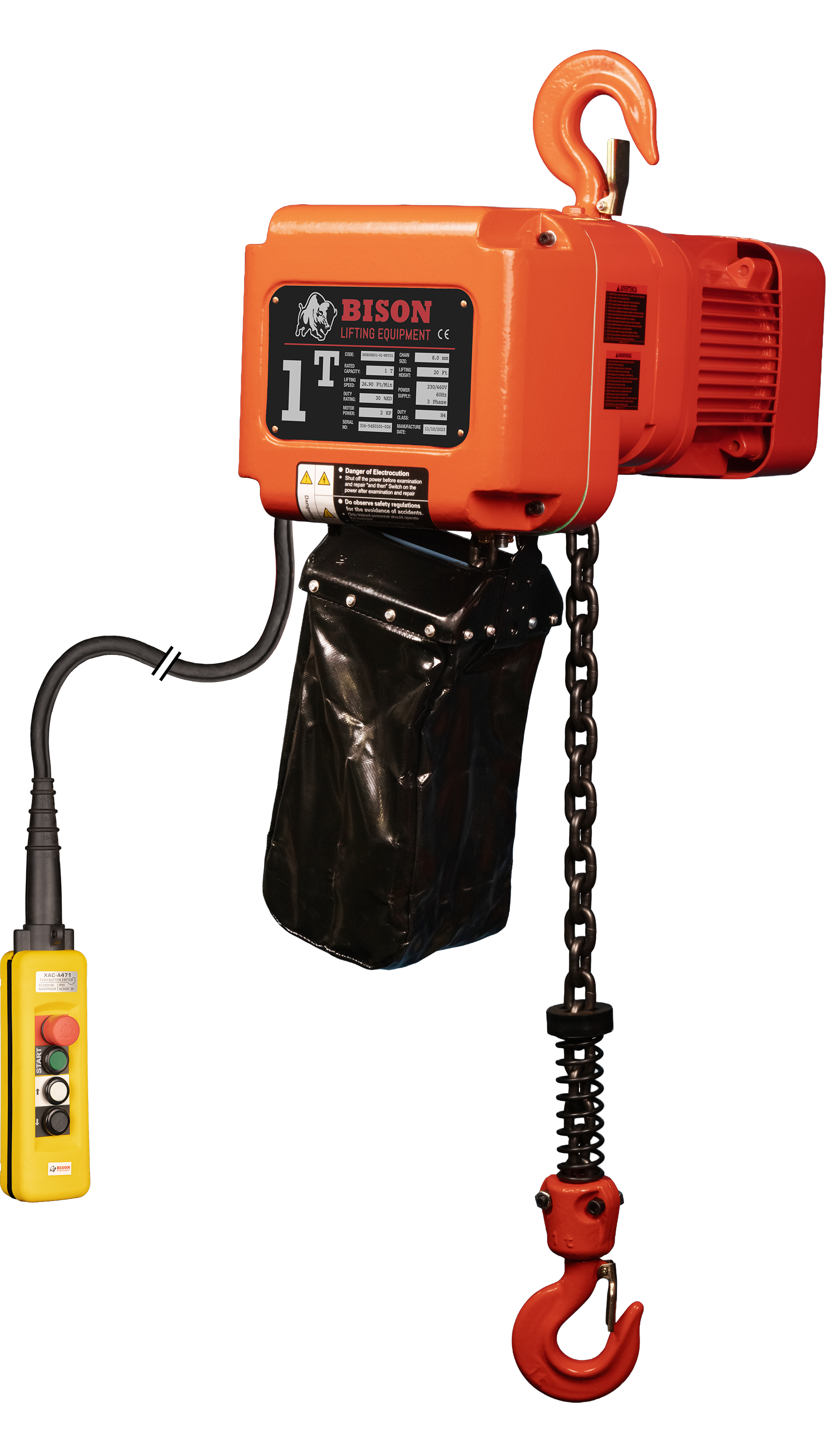 Polipasto de cadena eléctrico trifásico de doble velocidad Bison 1Ton 230v/460v 