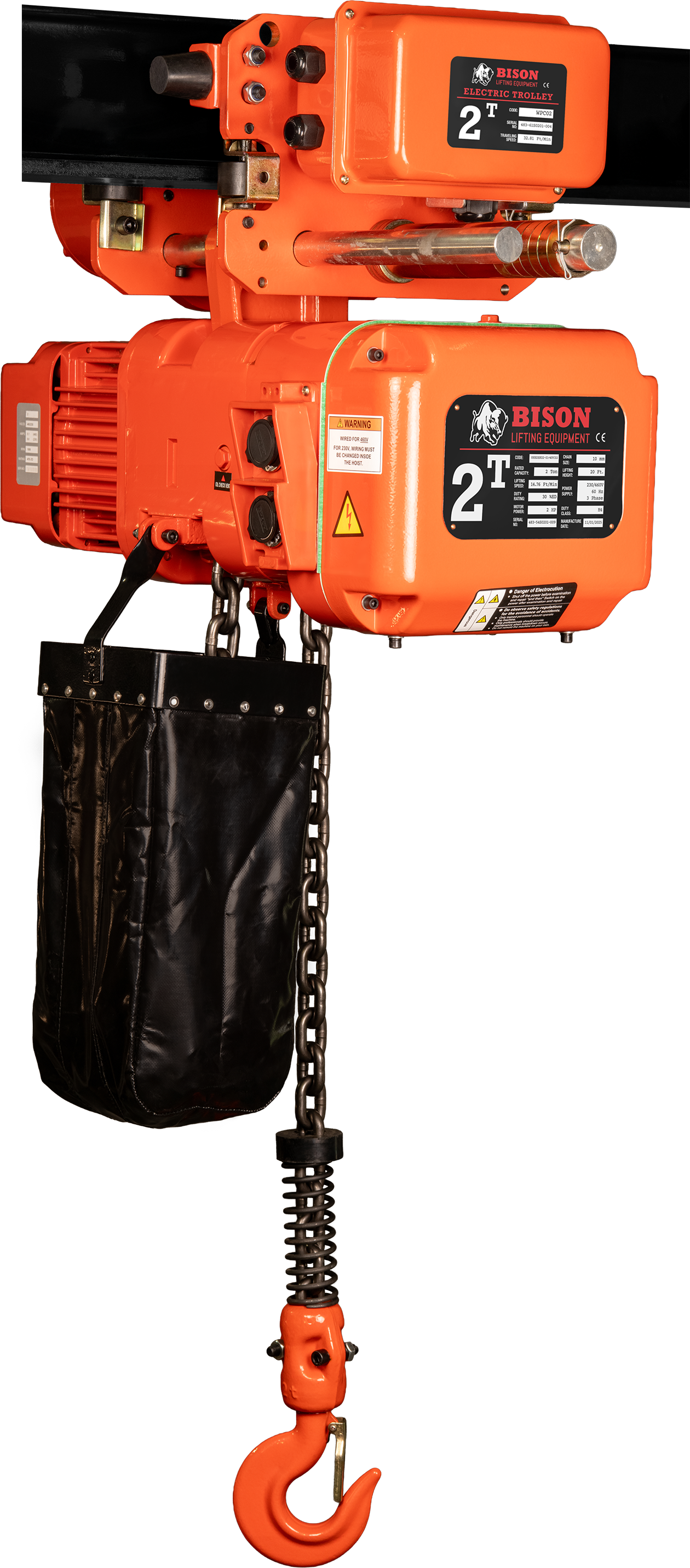 Bison 2Ton Three Phase Single Speed Electric Chain Hoist with Trolley 230v/460v