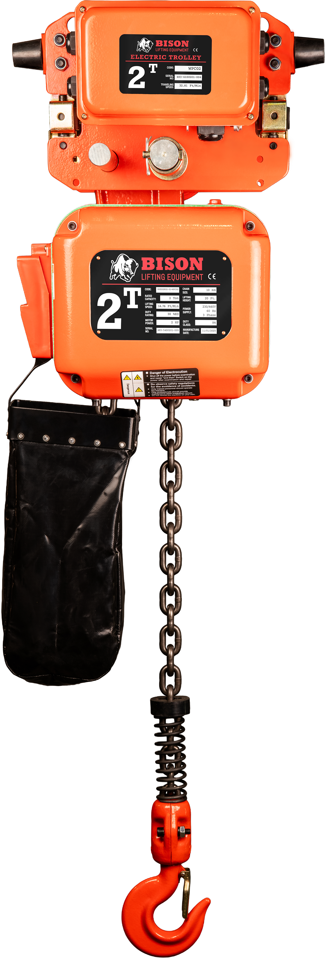Bison 2Ton Three Phase Single Speed Electric Chain Hoist with Trolley 230v/460v