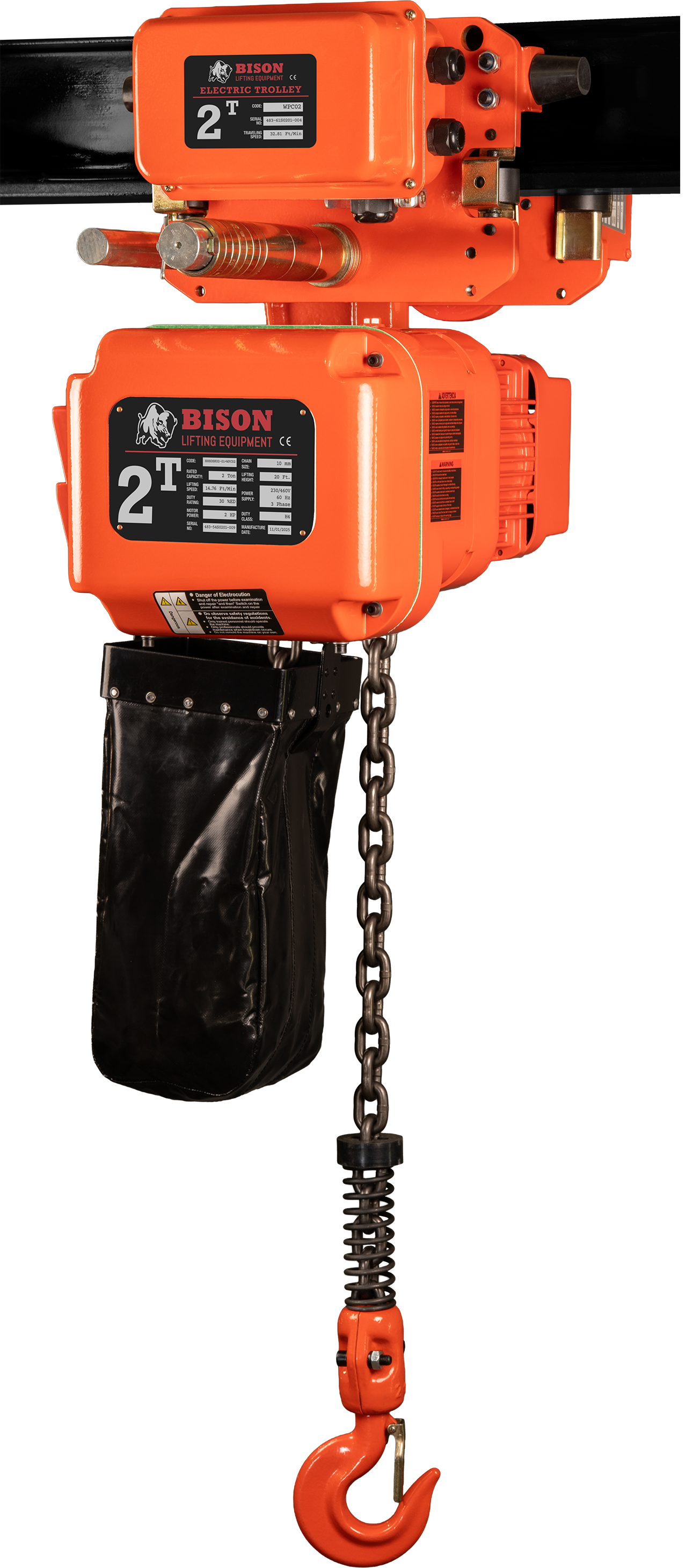 Bison 2Ton Three Phase Single Speed Electric Chain Hoist with Trolley 230v/460v