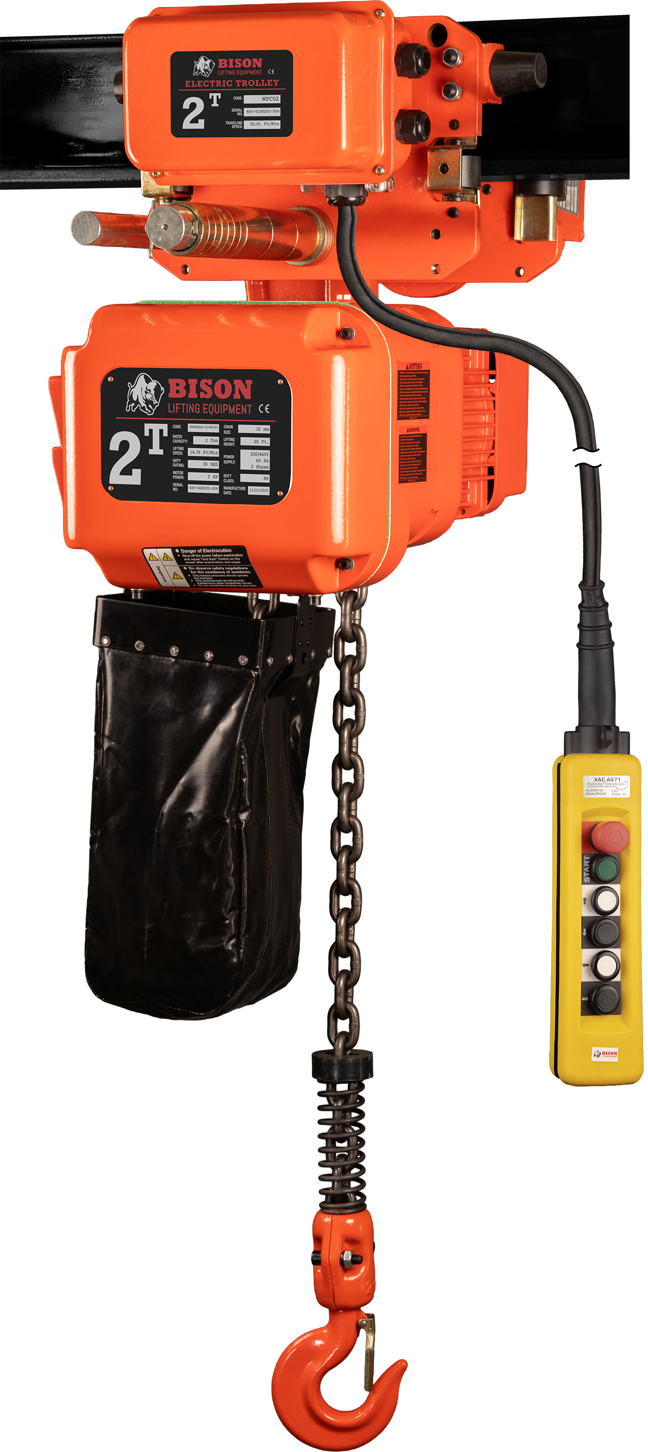 Bison 2Ton Three Phase Single Speed Electric Chain Hoist with Trolley 230v/460v