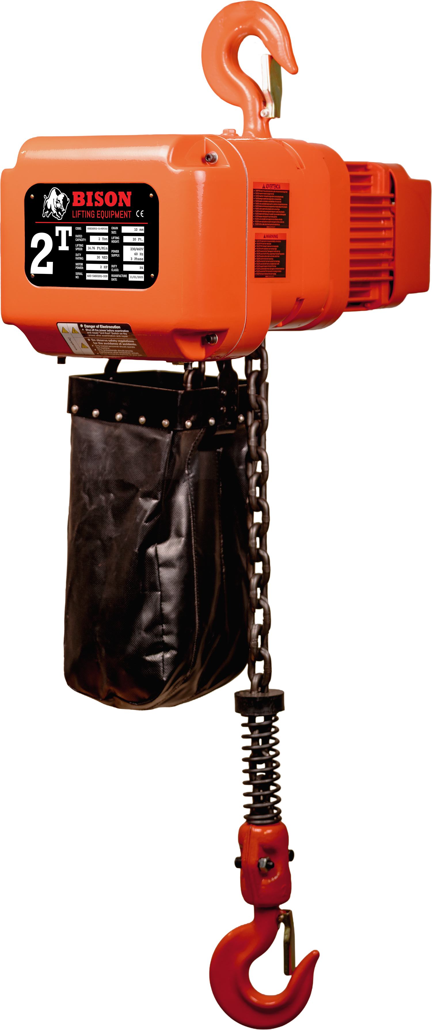 Bison 2Ton Three Phase Single Speed Electric Chain Hoist 230v/460v