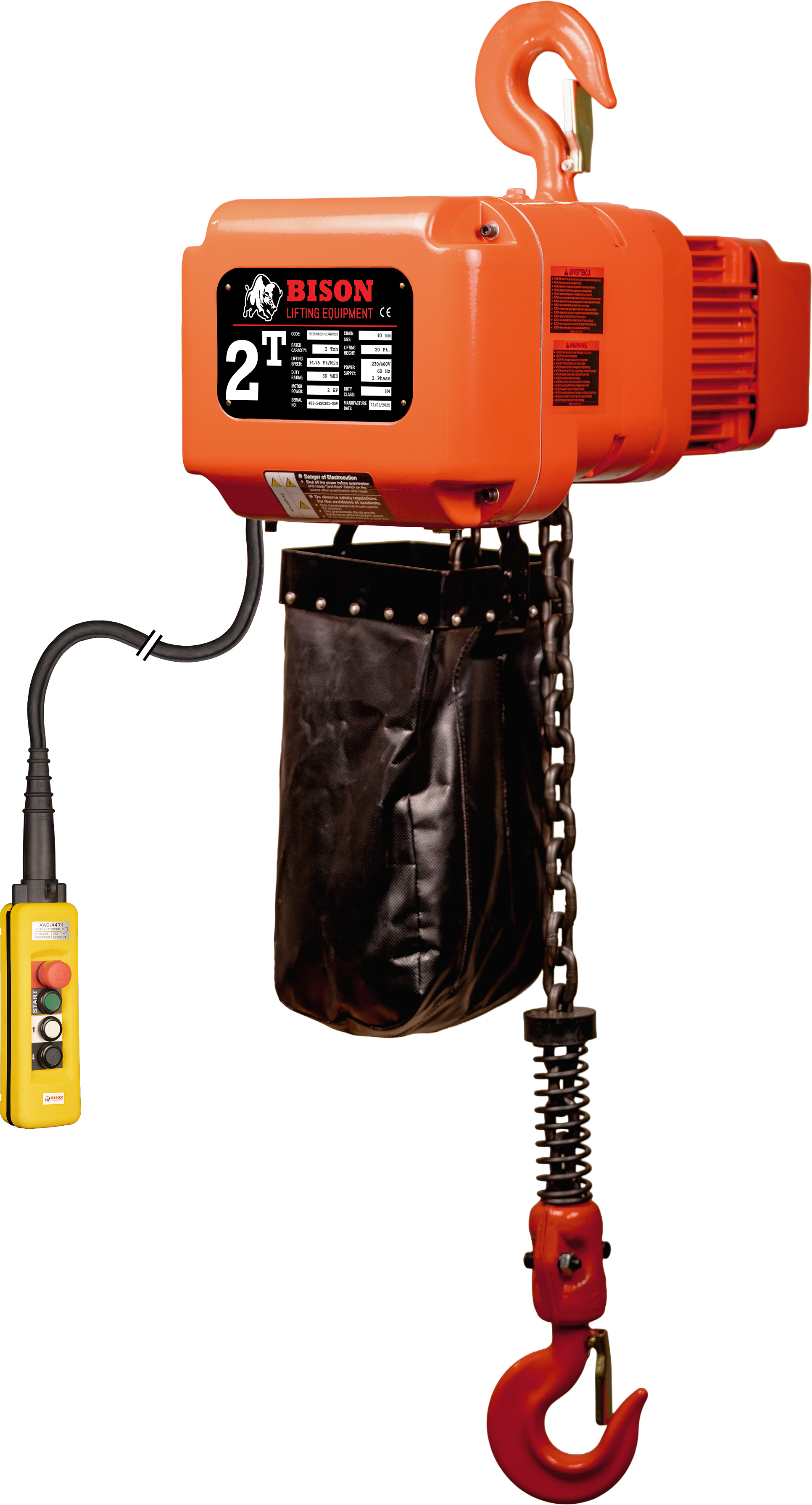 Bison 2Ton Three Phase Dual Speed Electric Chain Hoist 230v/460v