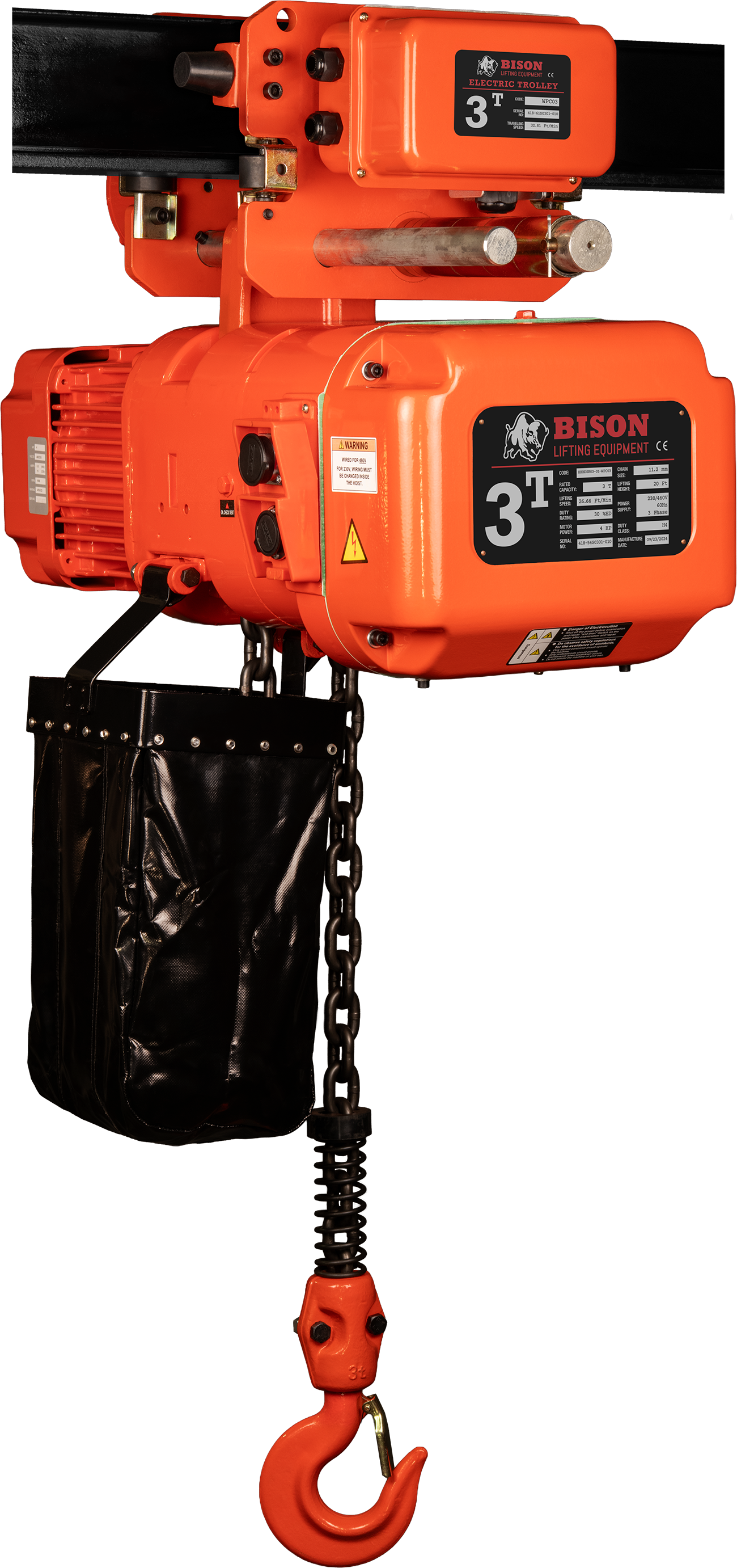 Bison 3Ton Three Phase Dual Speed Electric Chain Hoist with Trolley 230v/460v