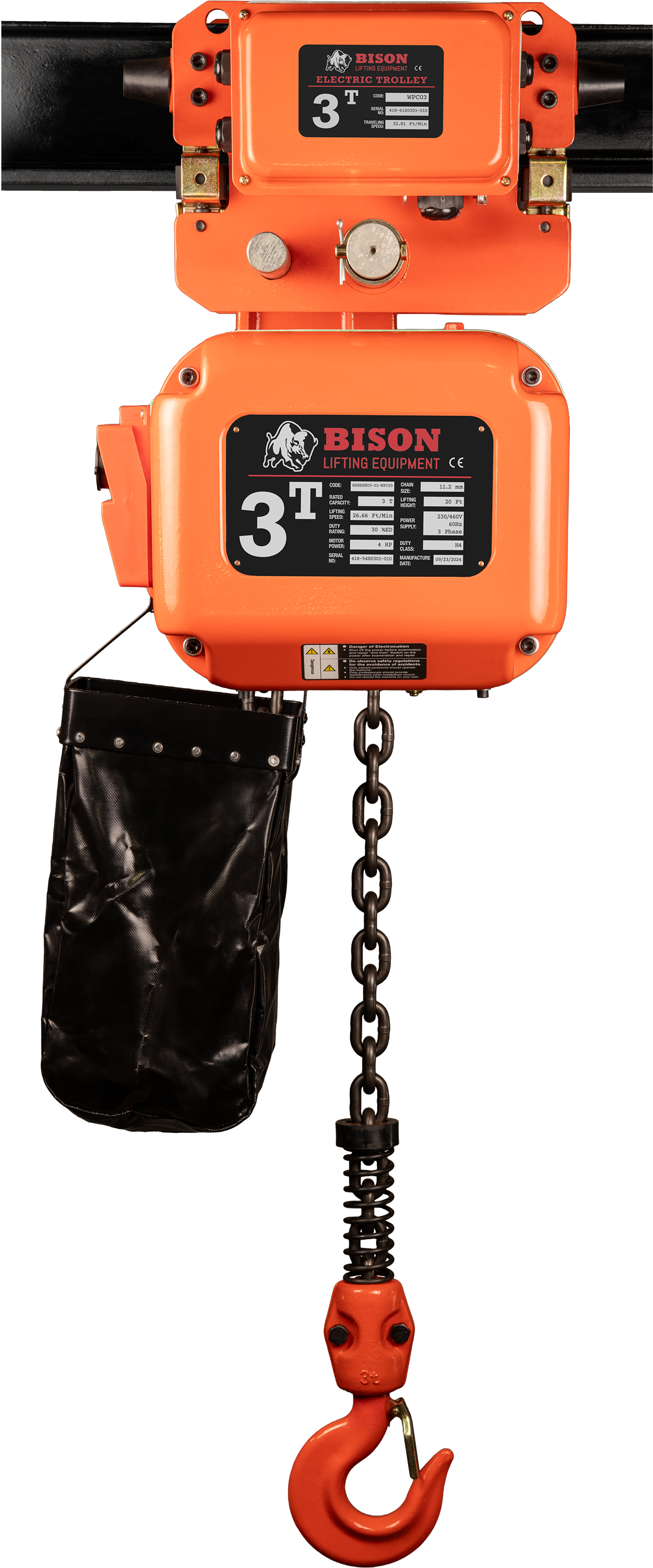 Bison 3Ton Three Phase Dual Speed Electric Chain Hoist with Trolley 230v/460v
