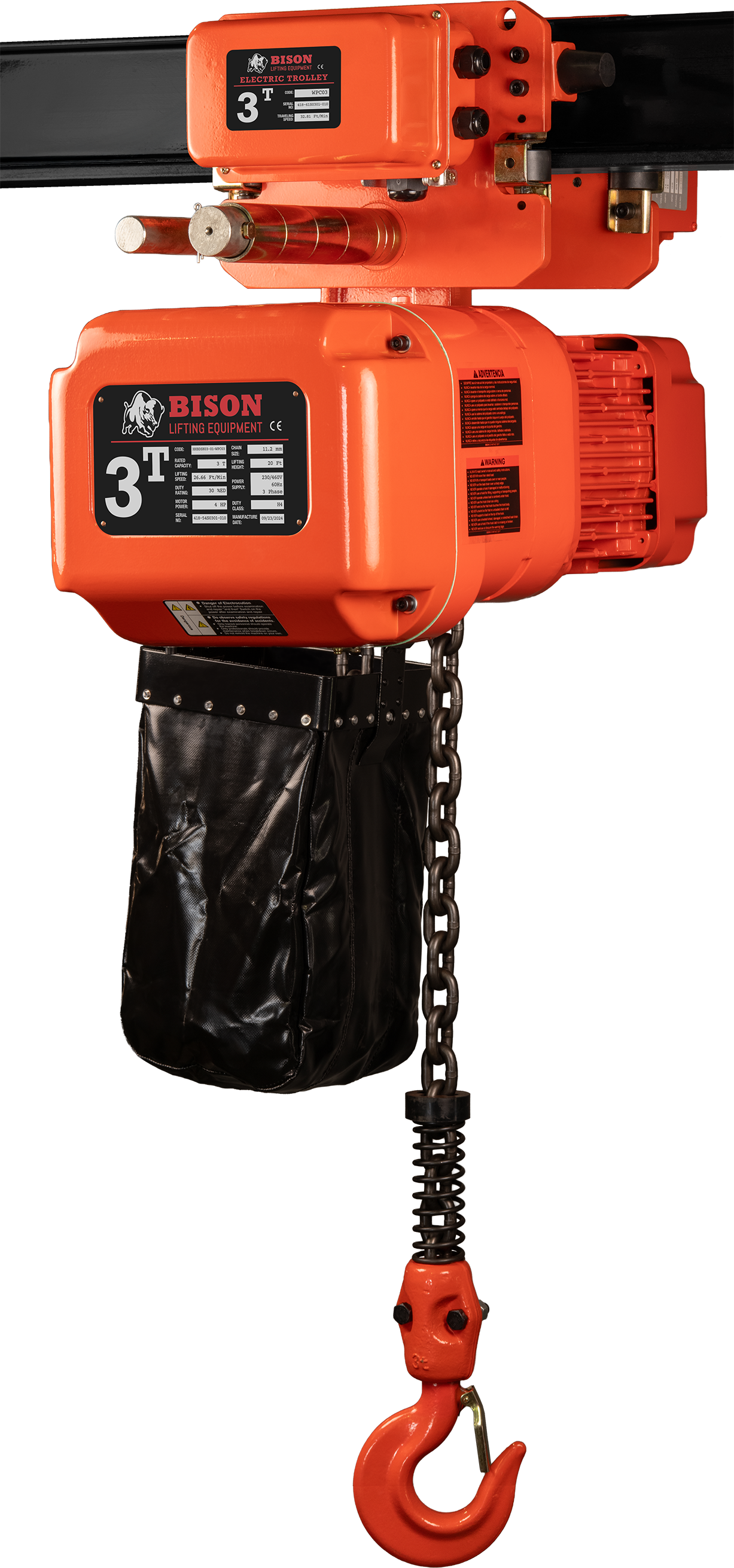 Bison 3Ton Three Phase Single Speed Electric Chain Hoist with Trolley 230v/460v