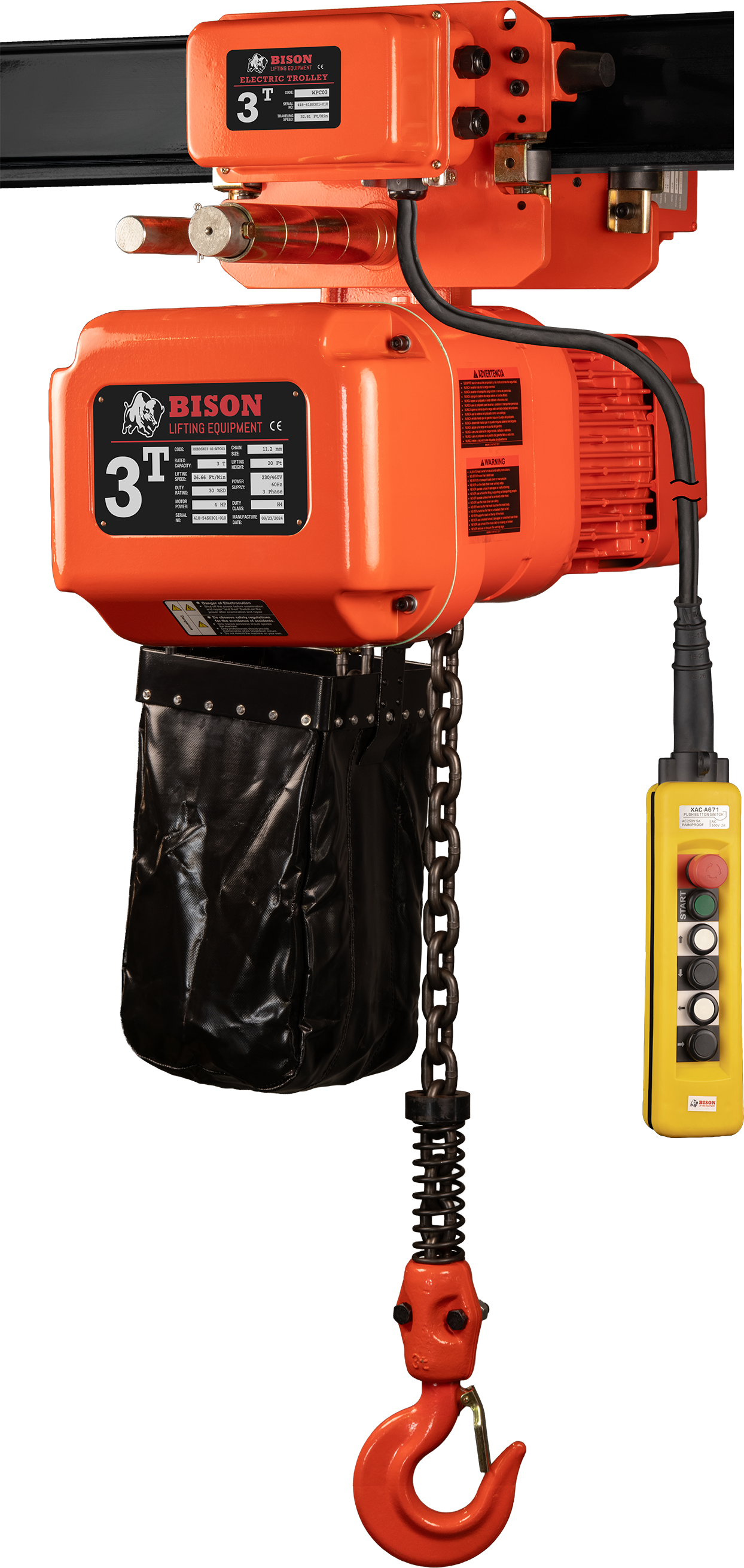 Bison 3Ton Three Phase Dual Speed Electric Chain Hoist with Trolley 230v/460v
