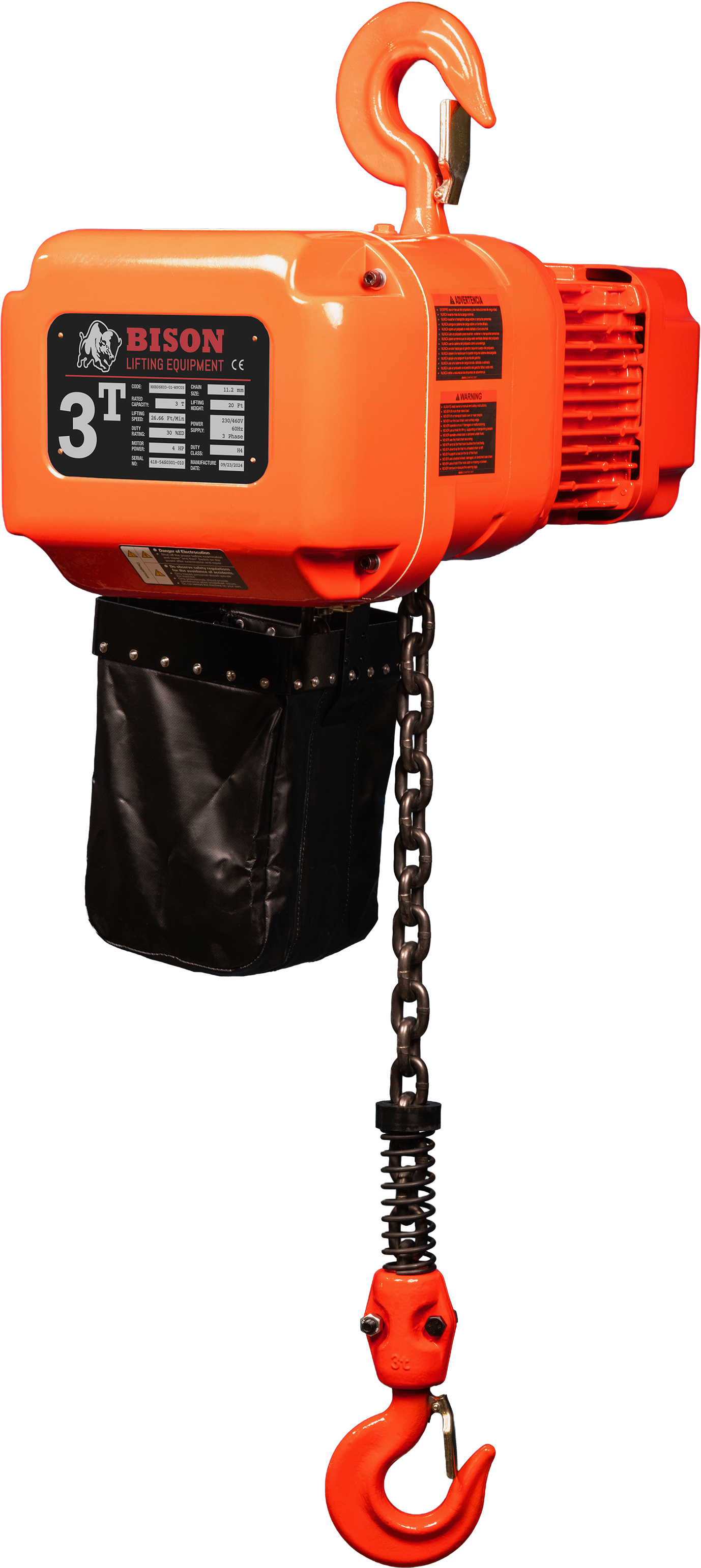 Bison 3Ton Three Phase Single Speed Electric Chain Hoist 230v/460v