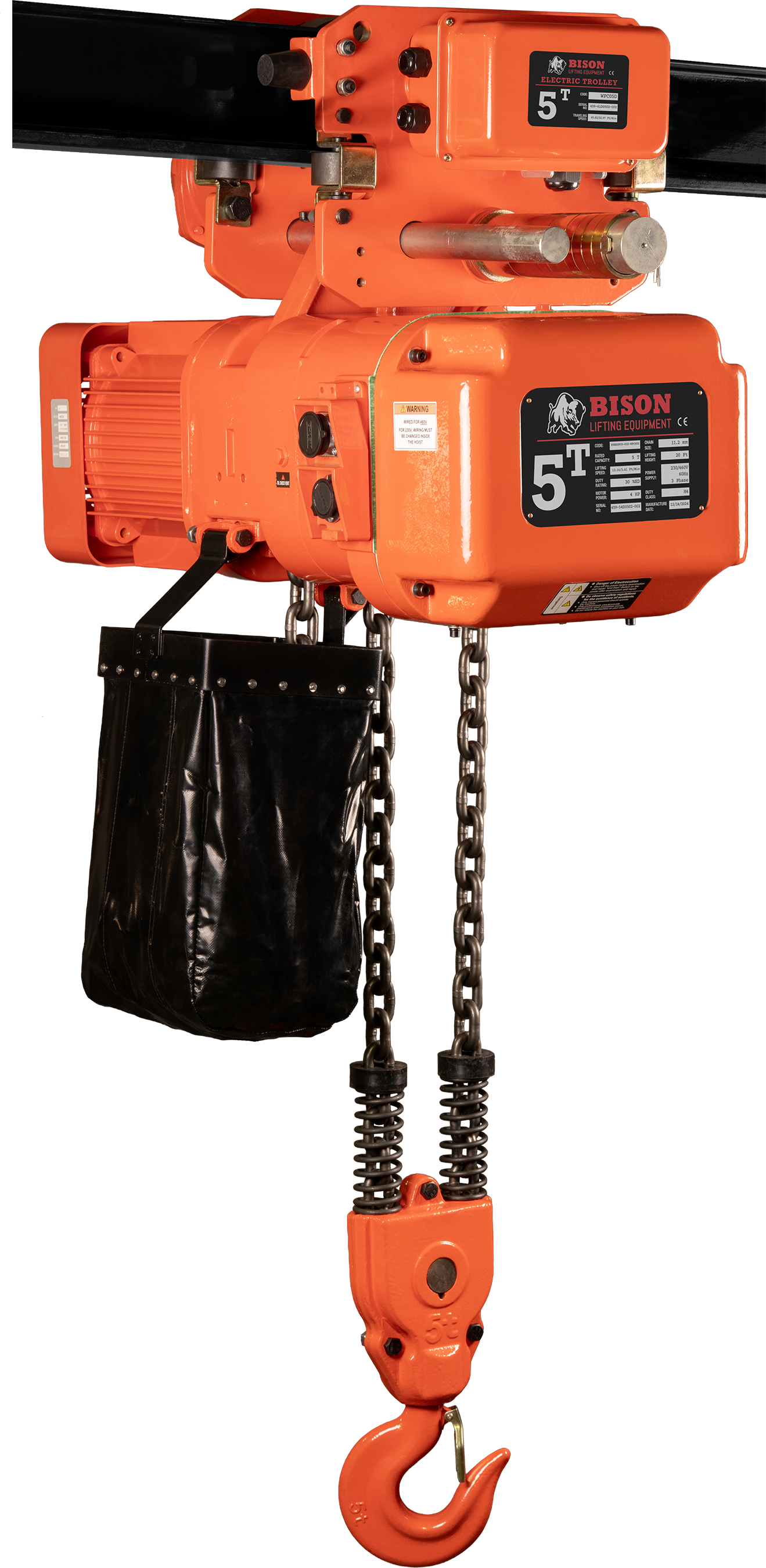 Polipasto de cadena eléctrico trifásico de doble velocidad Bison de 5 toneladas con carro 230v/460v 