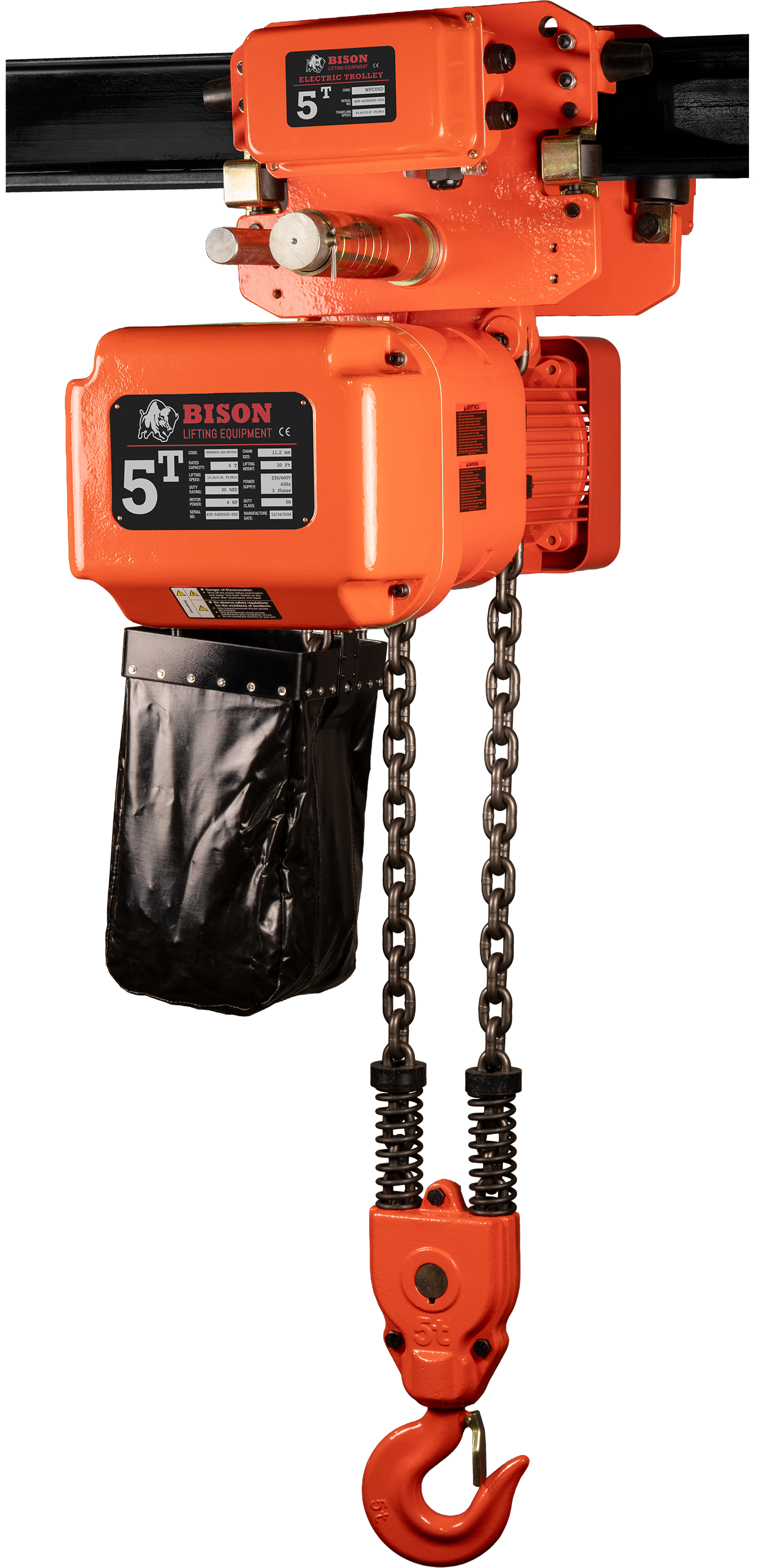 Bison 5Ton Three Phase Single Speed Electric Chain Hoist with Trolley 230v/460v