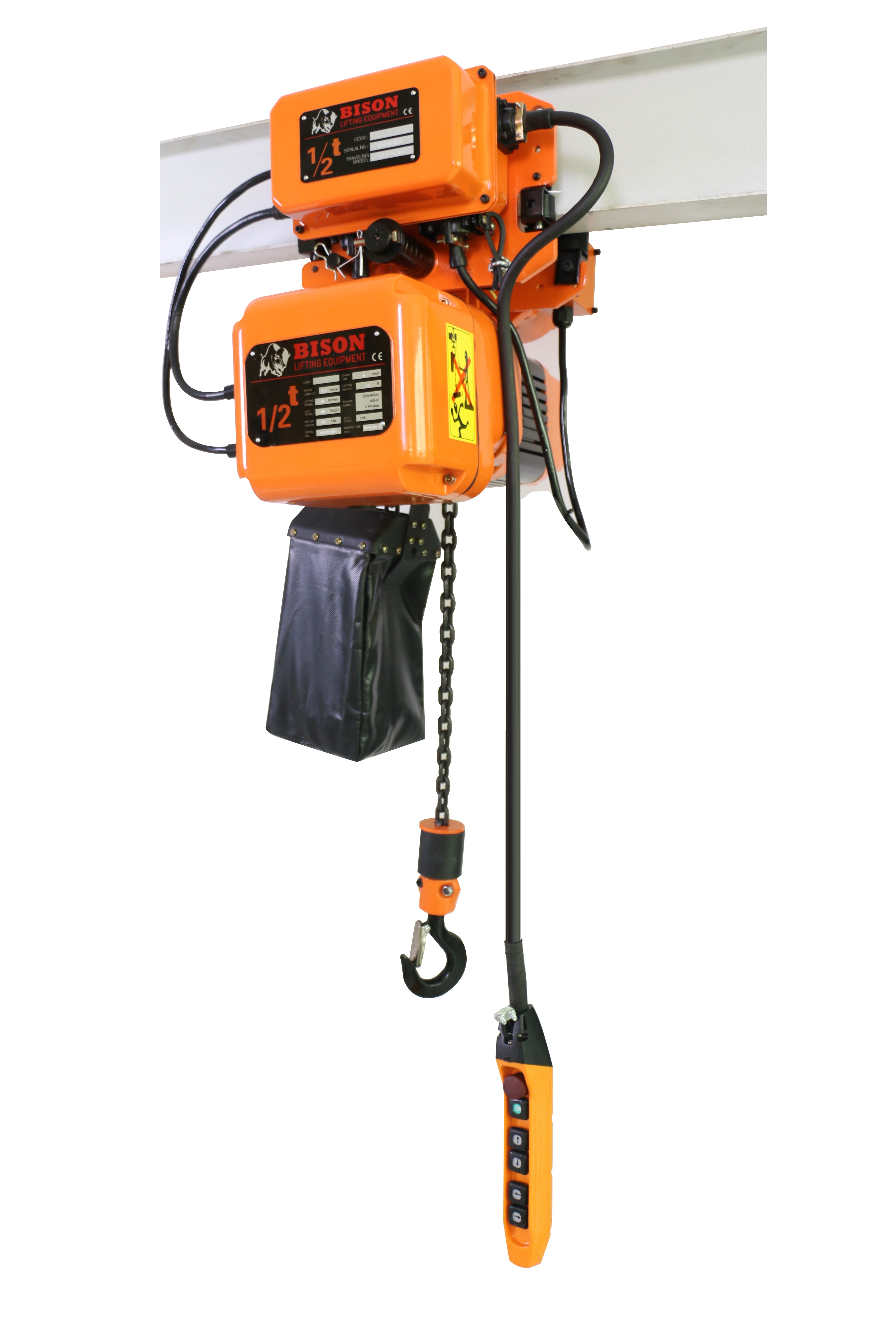 Bison 0.5Ton Three Phase Dual Speed Electric Chain Hoist with Trolley 230v/460v