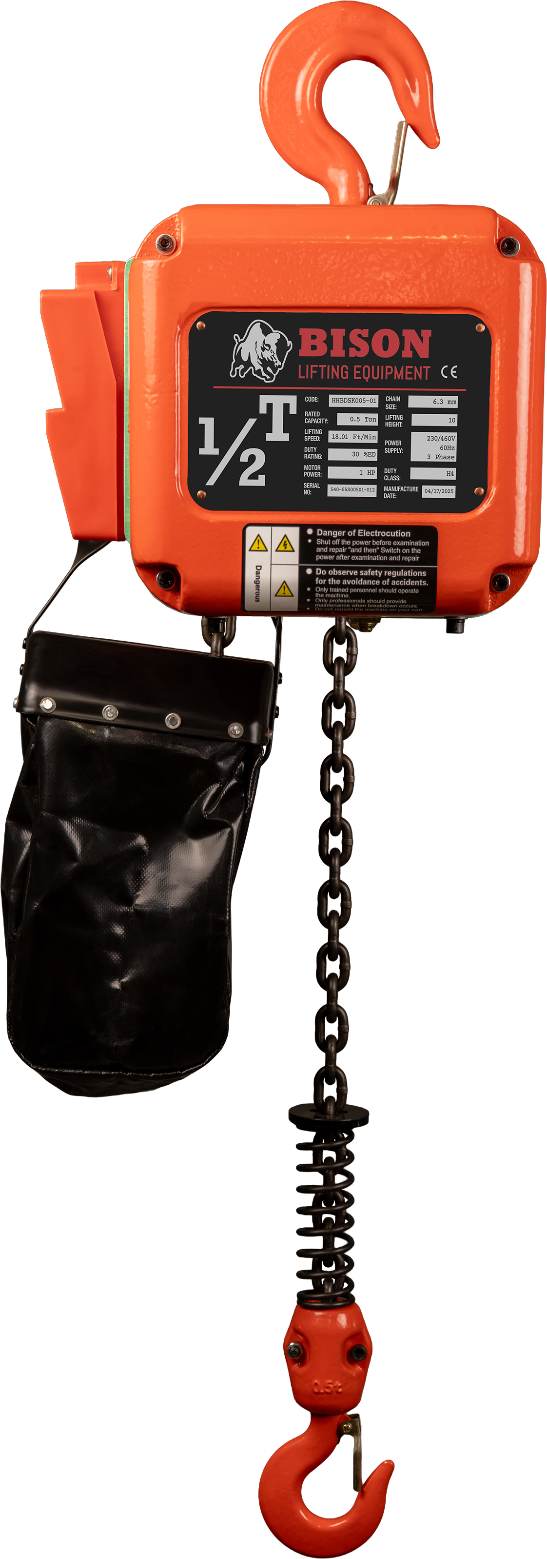 Bison 0.5Ton Three Phase Dual Speed Electric Chain Hoist 230v/460V