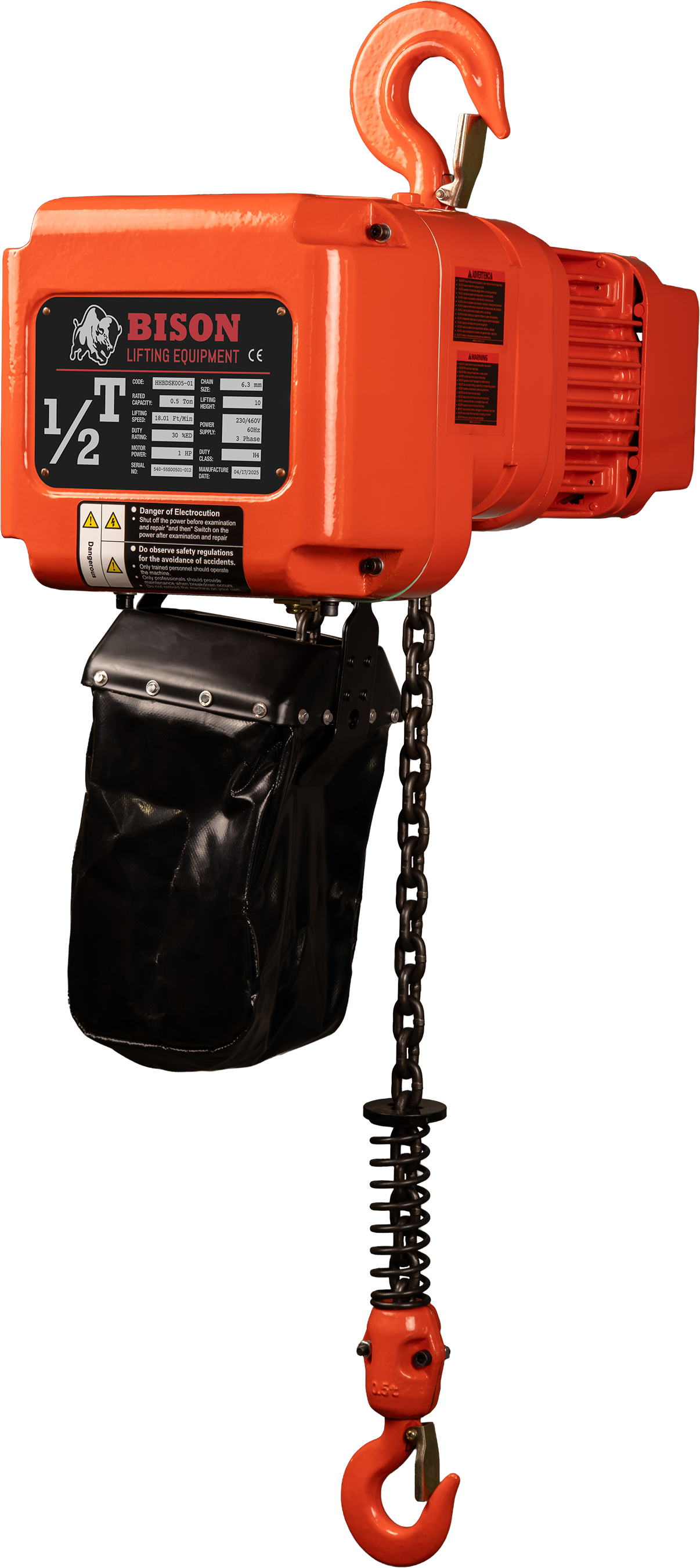 Bison 0.5Ton Three Phase Dual Speed Electric Chain Hoist 230v/460V
