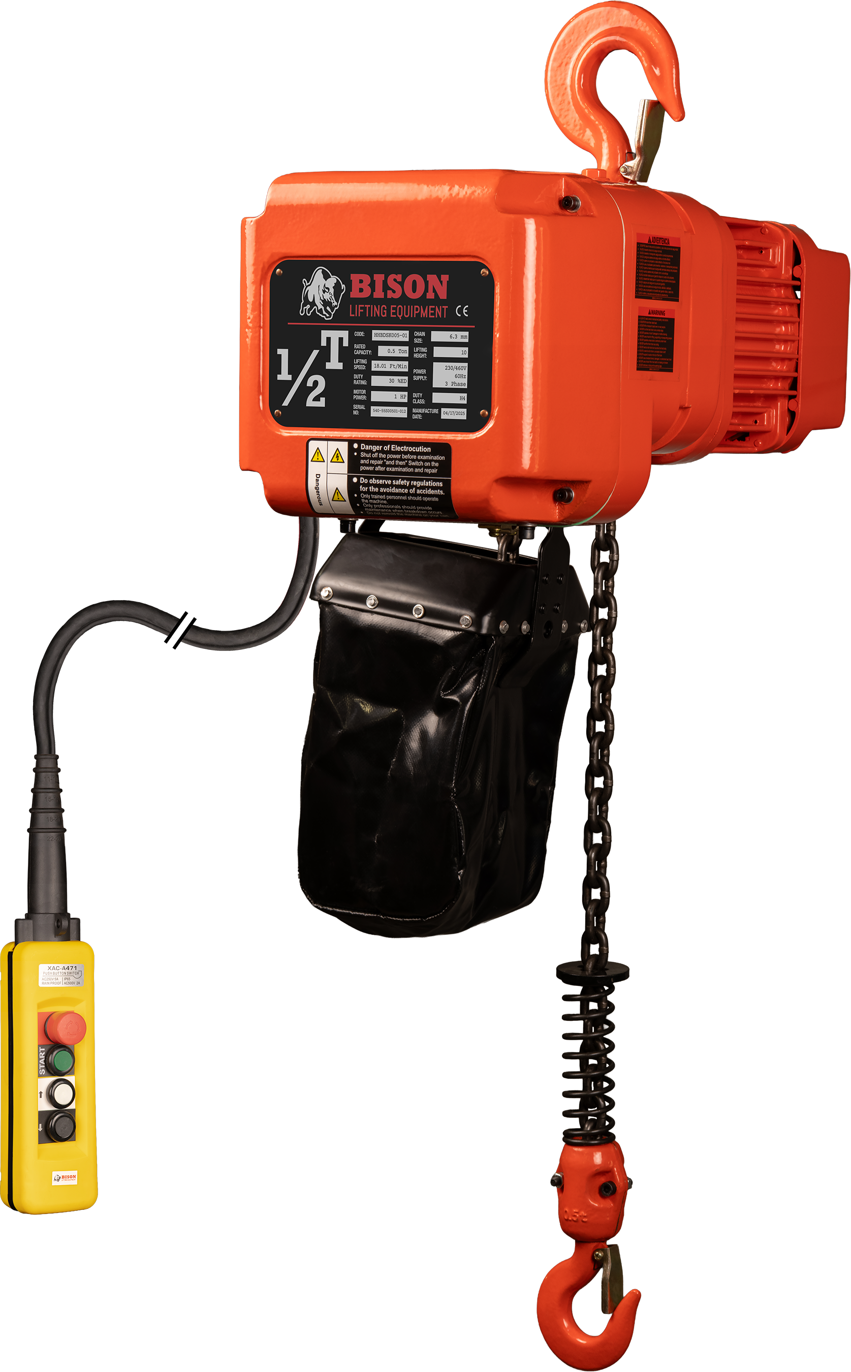 Bison 0.5Ton Three Phase Dual Speed Electric Chain Hoist 230v/460V