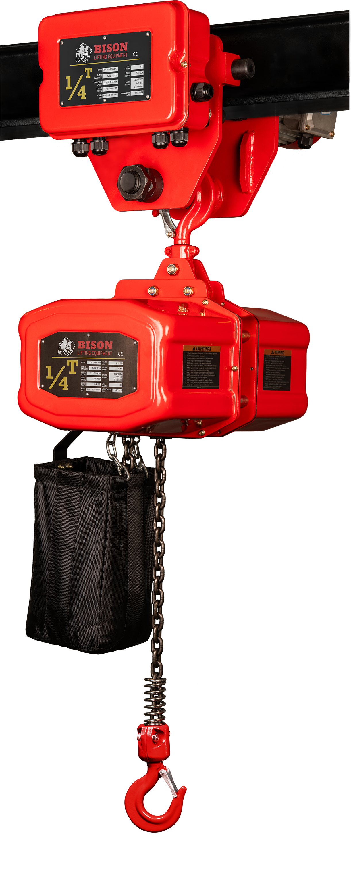 Bison 0.25Ton Single Phase Electric Chain Hoist with Motorized Trolley 115v/230v