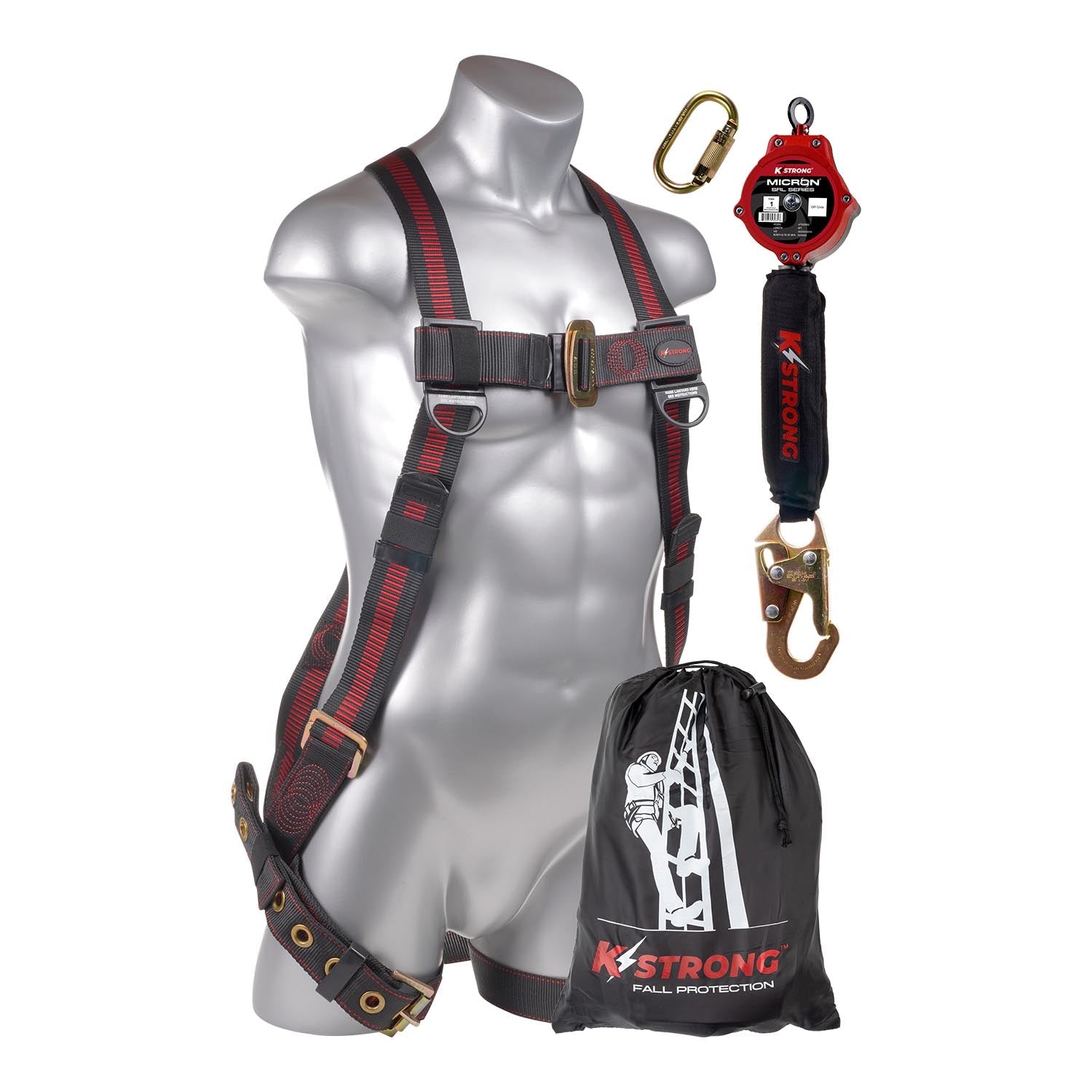 KStrong® Aerial Kit with Elite™ 5-Point Full Body Harness, Dorsal D-ring, TB Legs and a Micron™ 6 ft. SRL with Snap Hook. Includes storage bag. (ANSI)