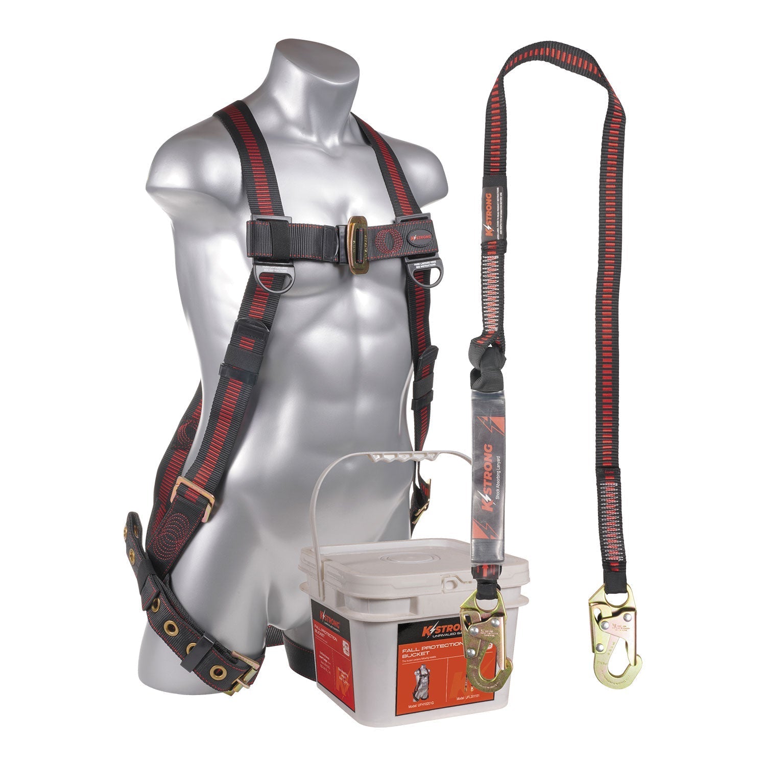 KStrong® Combo Bucket Kit with Elite™ 5-Point Full Body Harness, Dorsal D-ring, TB Legs and a 6 ft. Clear Pack Design Shock Absorbing Lanyard with Snap Hooks. (ANSI)