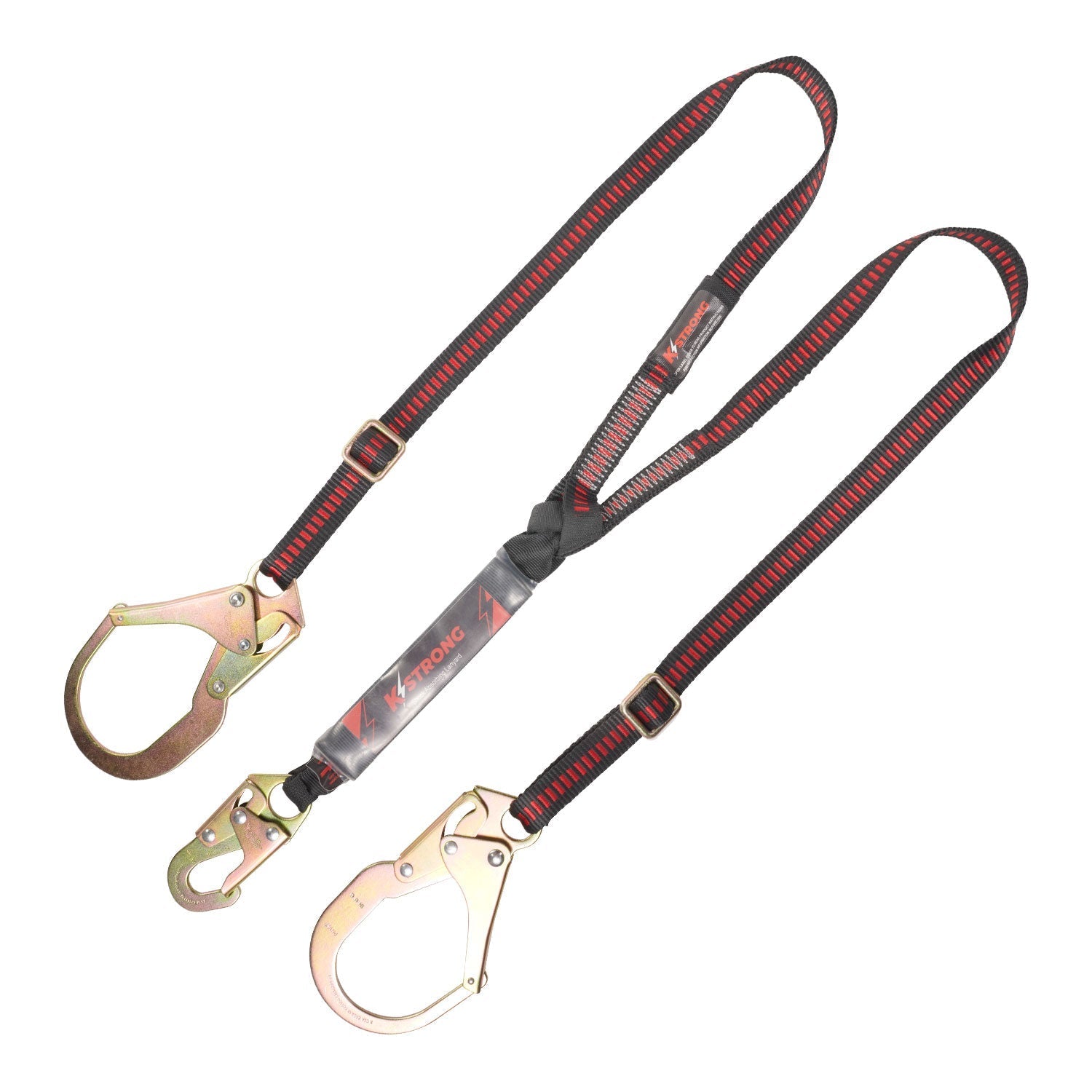 KStrong® 4.5 - 6 ft. Adjustable Twin Leg 100% Tie-off Clear Pack Design shock absorbing lanyard with (1) Snap Hook and (2) Rebar Hooks (ANSI)