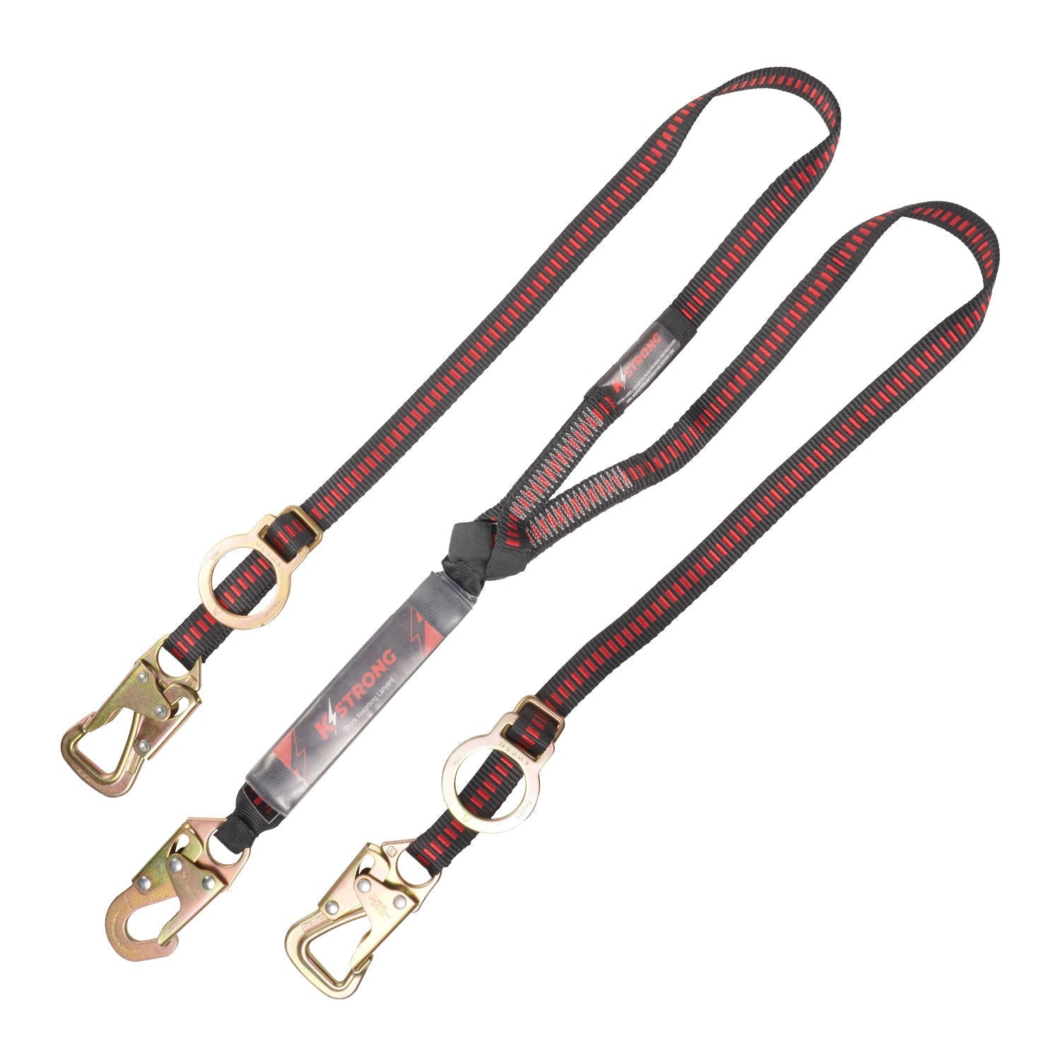 KStrong® 6 ft. Twin leg 100% tie-off Tie-Back design shock absorbing lanyard with snap hook, tie-back hooks, and adjustable D-rings (ANSI)