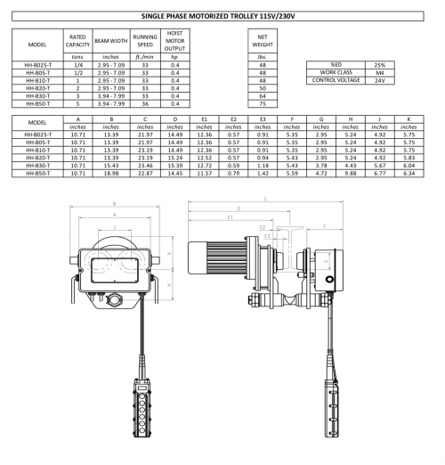 Bison 0.25Ton Single Phase Motorized Trolley 115V/230V